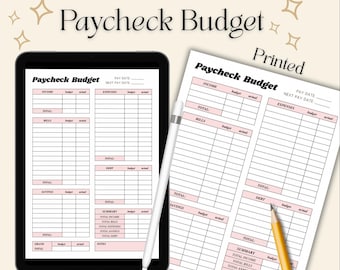 Puede incluir: Una imagen que muestra una tableta digital y una hoja impresa, ambas con una plantilla de "Paycheck Budget" con detalles en rosa. También hay un lápiz y un lápiz óptico. La imagen incluye el texto "Digital" y "2 Ways to Use".