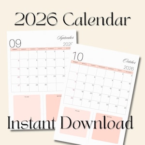 May include: Two printable 2026 calendars, featuring September and October, with a minimalist design. Each calendar has a white background with pink accents and space for notes. The words "2026 Calendar" and "Instant Download" are displayed.