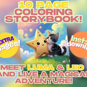 Può includere: Copertina di libro da colorare digitale con un gattino dei cartoni animati e una stella sorridente su una collina erbosa sotto un cielo stellato. Il testo include "10 PAGE COLORING STORYBOOK!" e "MEET LUMA & LEO AND LIVE A MAGICAL ADVENTURE!" con badge.