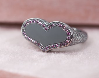 Botanical Heart Signet Ring, Pink Sapphires, Sterling Silver Ring - Botanique no.9 Ring
