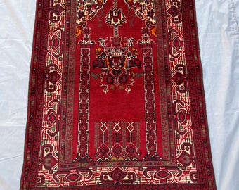2.9x4.2 ft Afghan Turkoman Tribal Prayer Rug Hand-Knotted Wool, Vintage Rug, Islamic Decor, Traditional Afghan Rug, Bohemian Accent Carpet