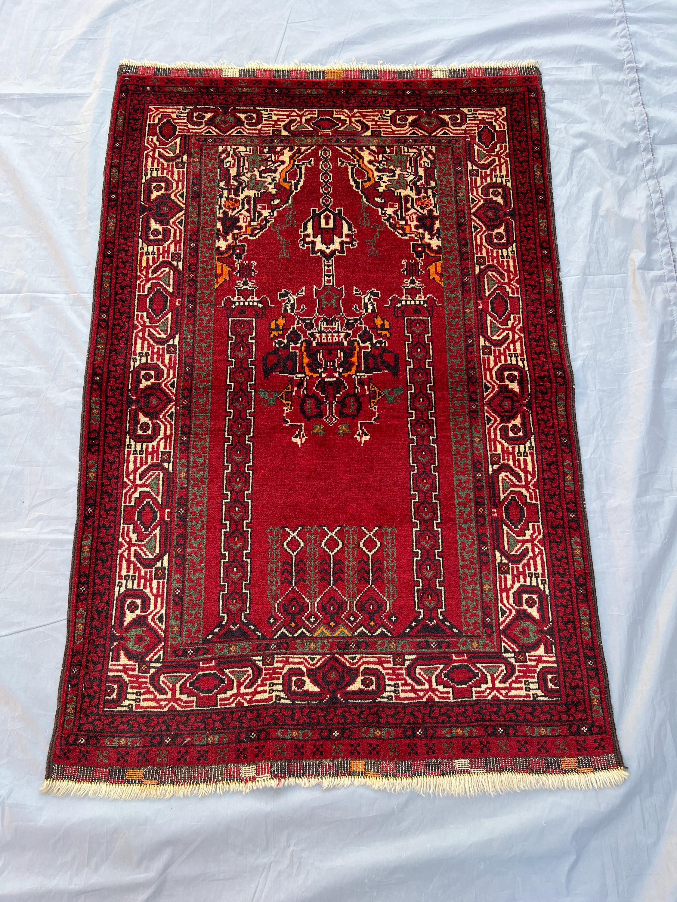 2.9x4.2 ft Afghan Turkoman Tribal Prayer Rug Hand-Knotted Wool, Vintage Rug, Islamic Decor, Traditional Afghan Rug, Bohemian Accent Carpet