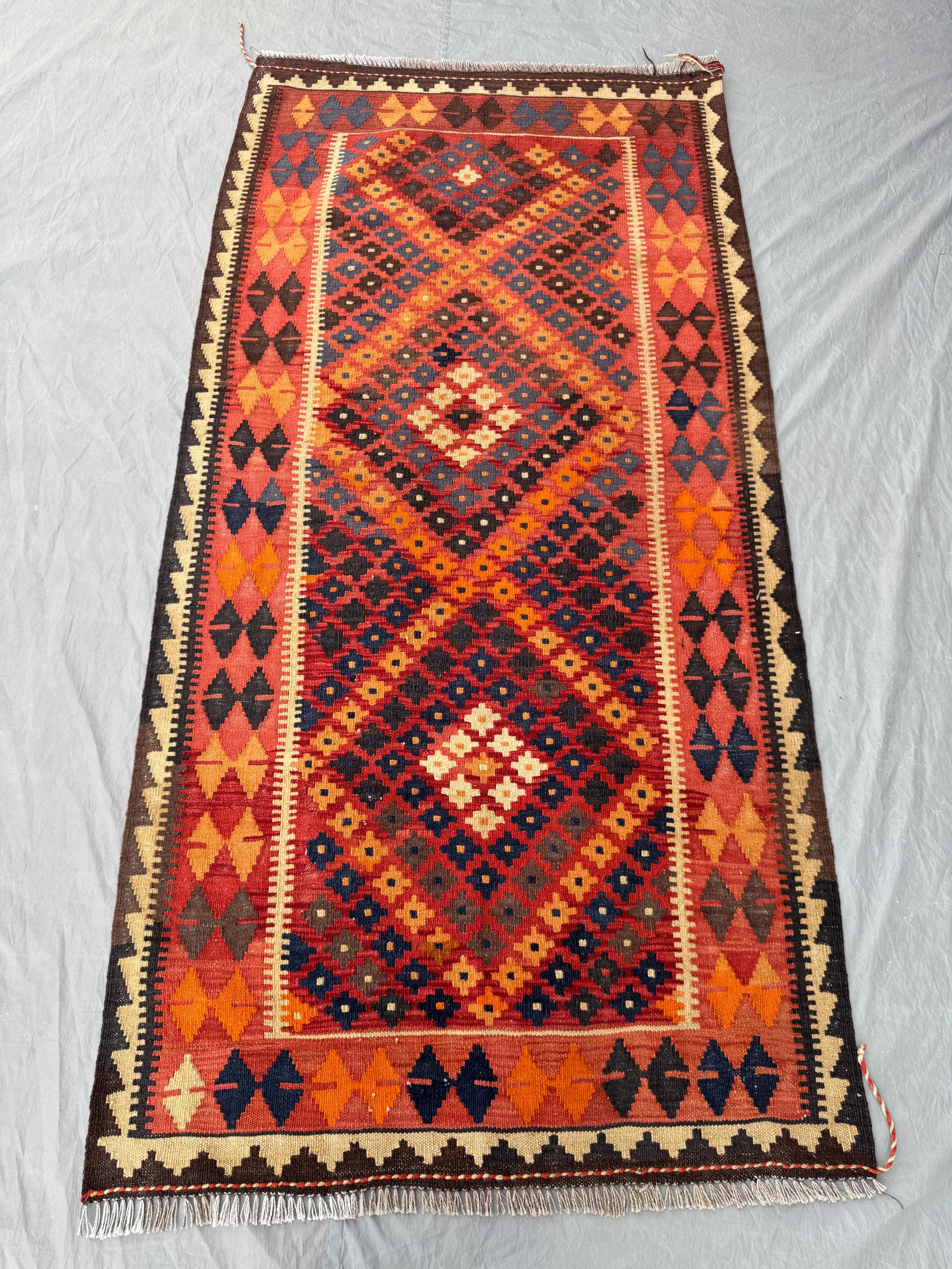 Vintage Afghan Hand-Woven Kilim 4 x 7 ft One of a Kind Maimana Design Flat Weave Geometric Pattern Wool Handmade Rug | Living room decor