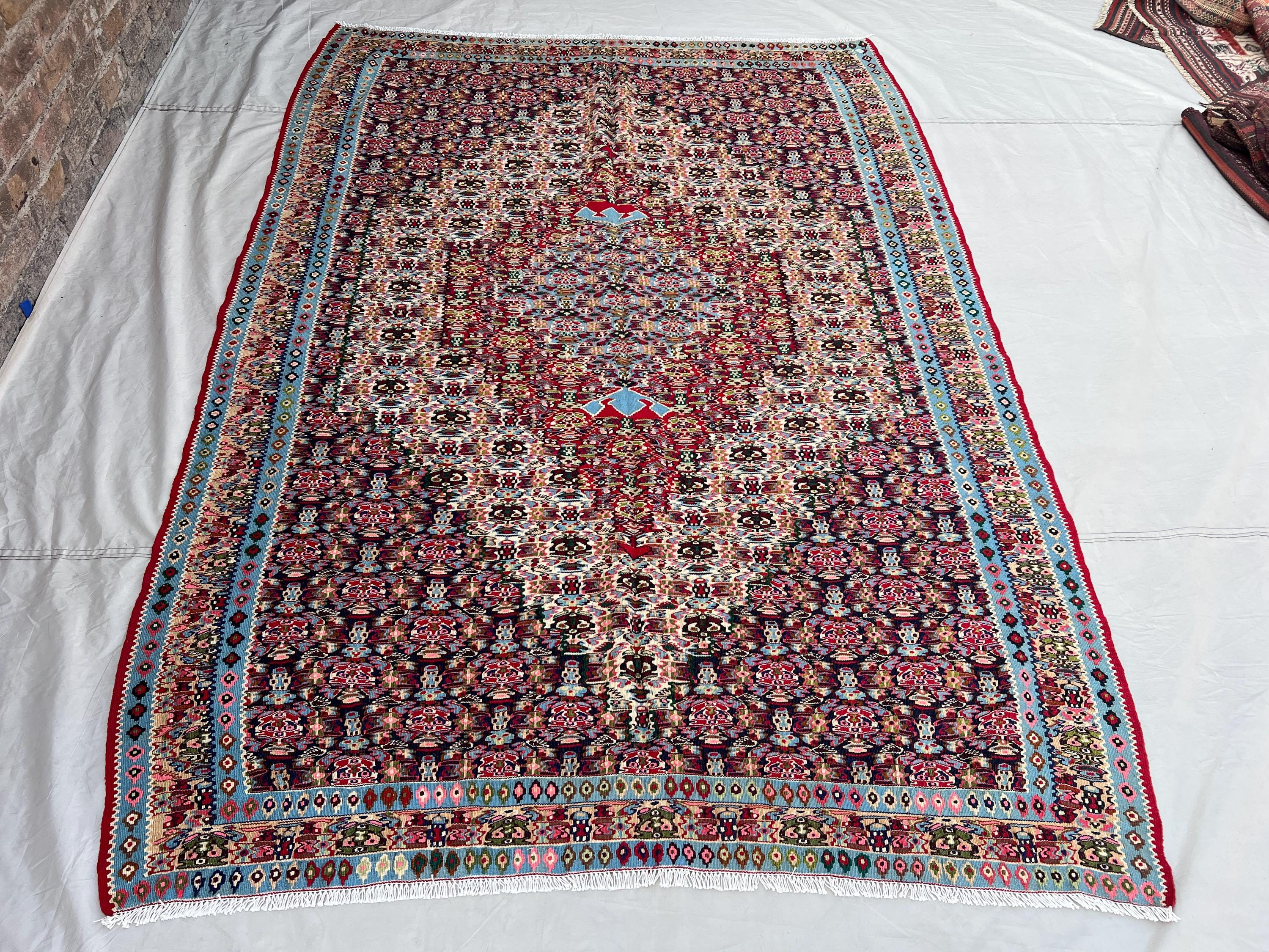 6x8'2 Ft Vintage Afghan Kilim Flatweave Rug | Multicolor Allover Floral Boteh Medallion Tribal Wool Kilim | Boho Living Room, Dining Room