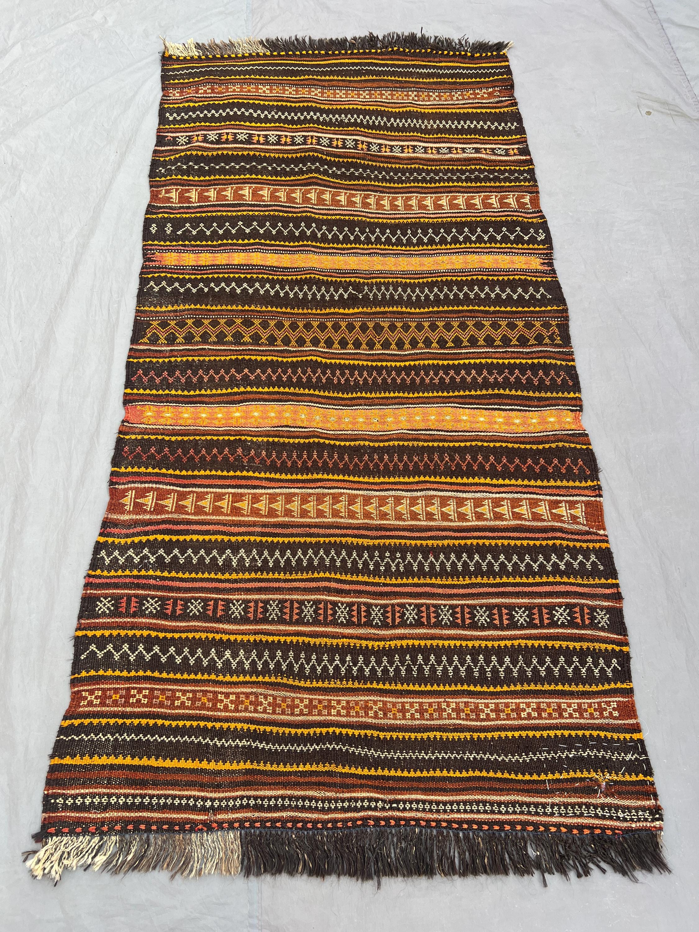 Afghan vintage handwoven kilim 3.6x7.7 ft unique tribal flat weave maimana design geometric striped area decor