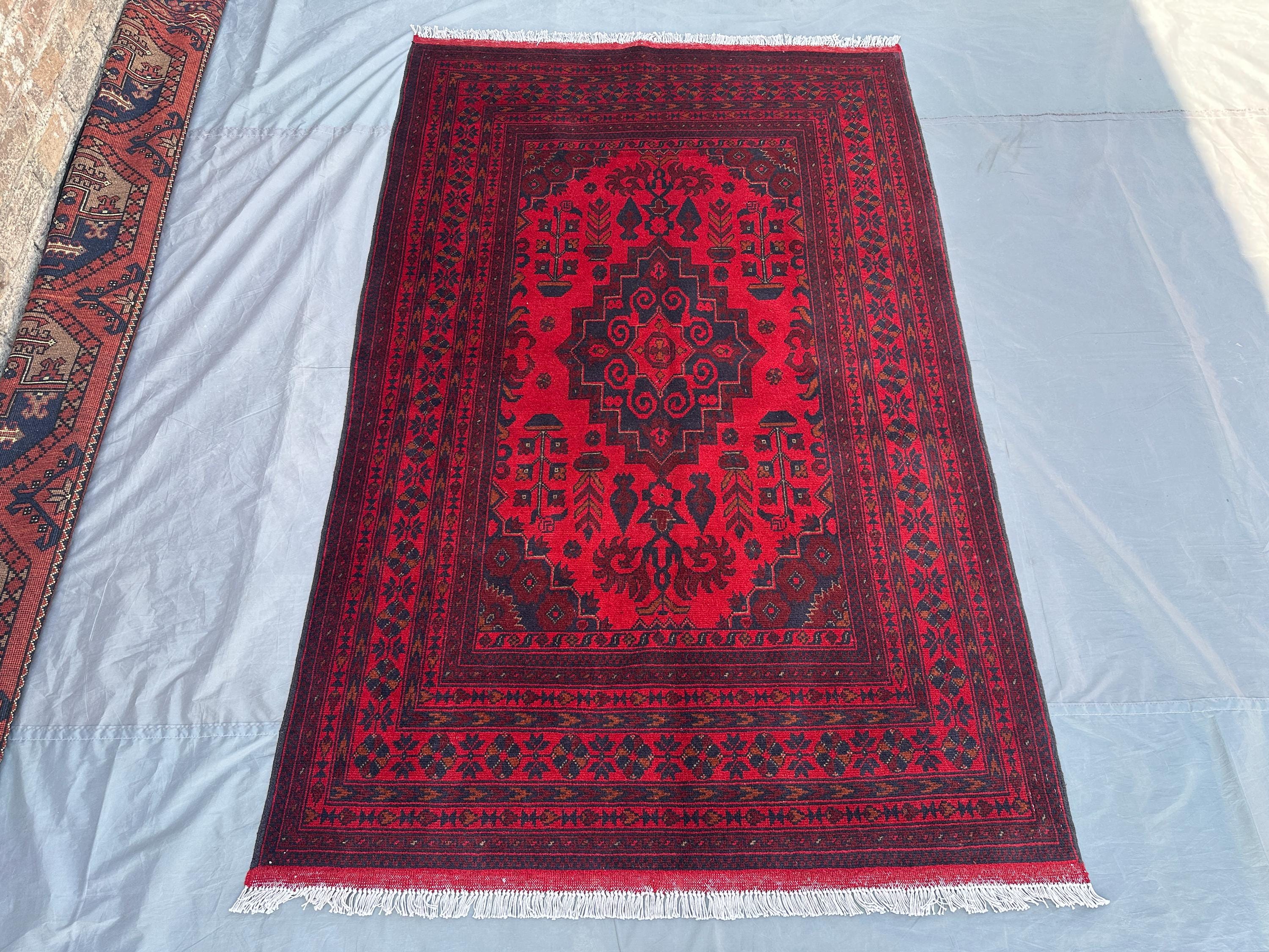 Afghan Turkmen Tribal Rug 4'3x6'1 ft Handmade Bukhara Carpet | Khal Mohammadi Geometric Wool Rug | Traditional