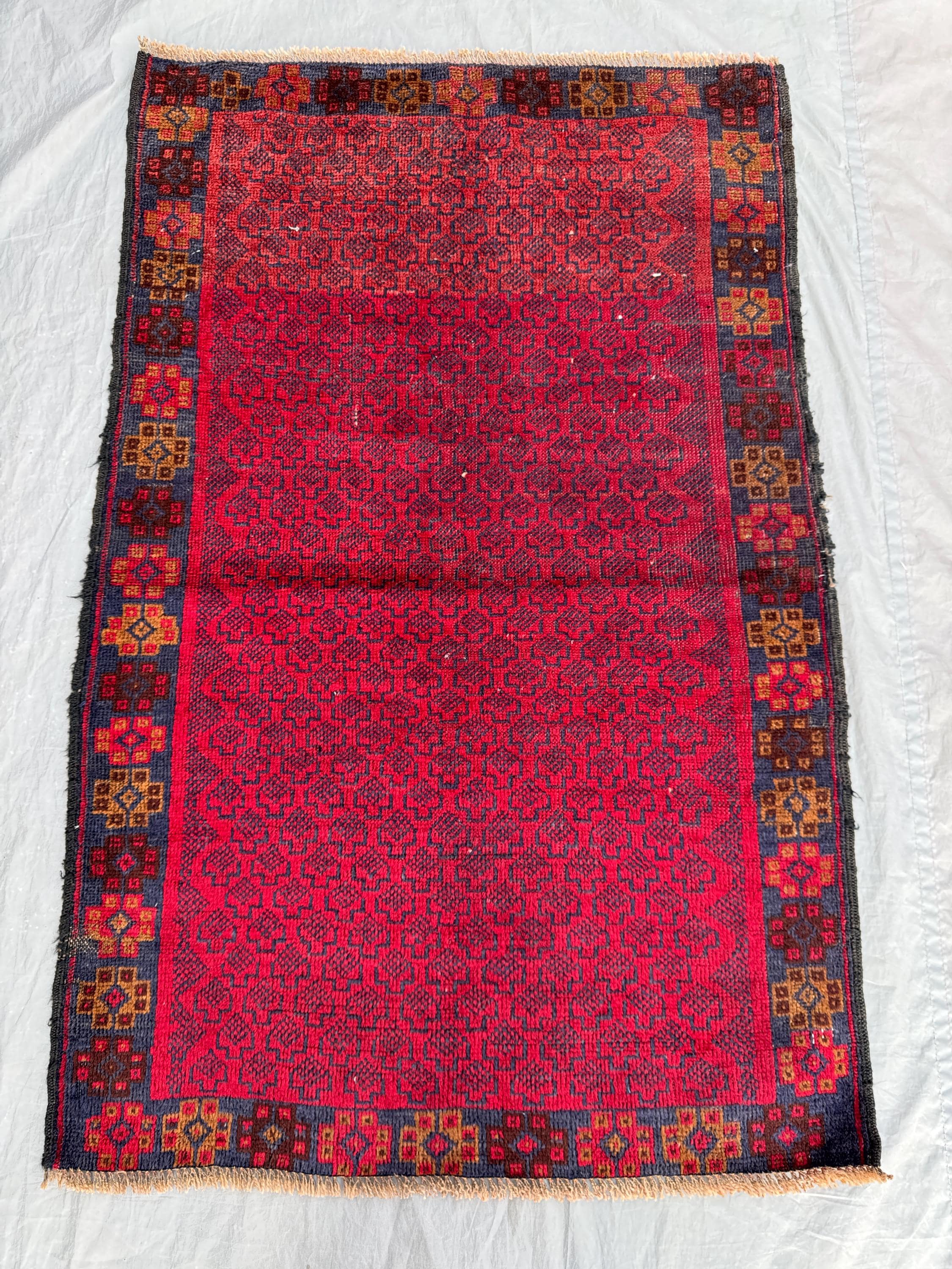 Red 2'10 x 4'4 Ft Antique Afghan Baluchi Hand Knotted Tribal Area Rug Geometric Nomadic Wool Soft Pile Small Area Rug Red Navy Brown