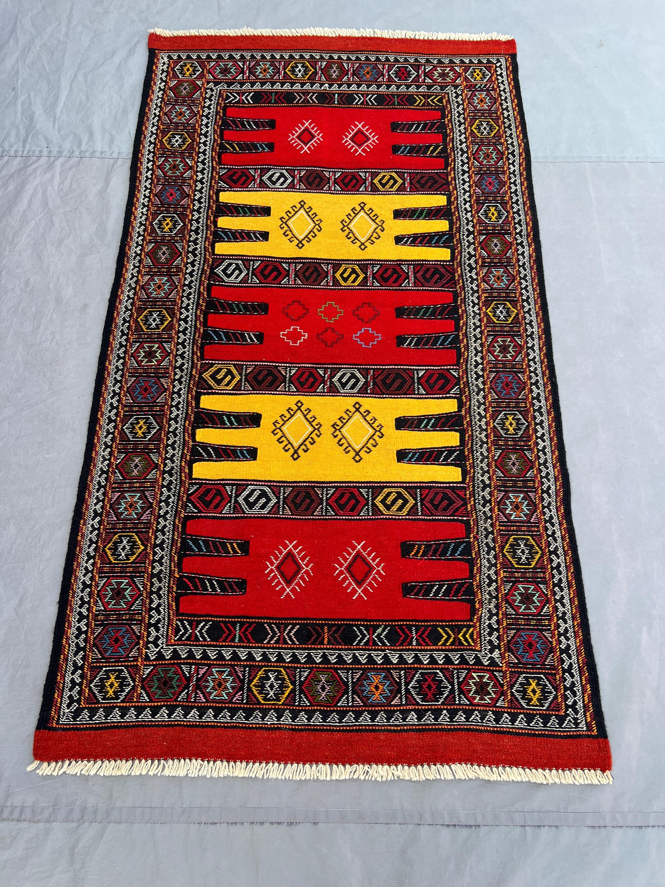 3'3x5'10 Ft Vintage Afghan Kilim Handwoven Wool Flatweave Bold Stripe Comb Motif Vivid Red Yellow Black Multicolor Area Rug | Living Room