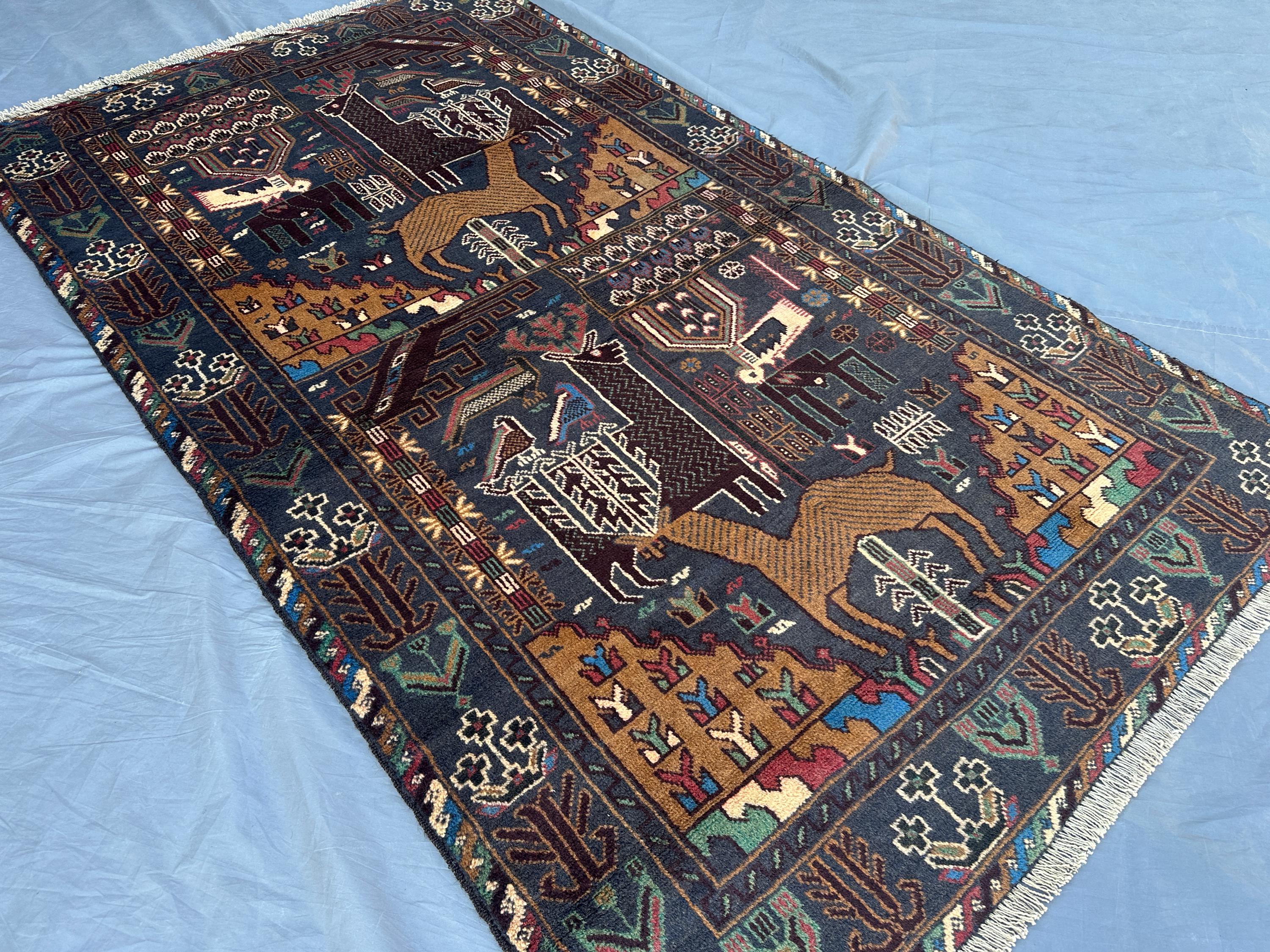 Handmade Afghan Baluch Rug | 3'9 x 6'7 Tribal Pictorial Carpet | Animal Hunting Design | Unique Wool Area Rug | One of a Kind Rug, Wall Rug