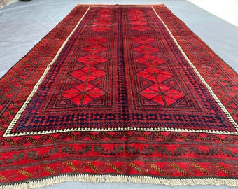 Antique 1950s Afghan Baluch Rug 4'8x9'9 ft Hand-Knotted Tribal Wool Carpet | Red & Black Nomadic Runner, Vintage Bohemian Decor, Outdoor rug