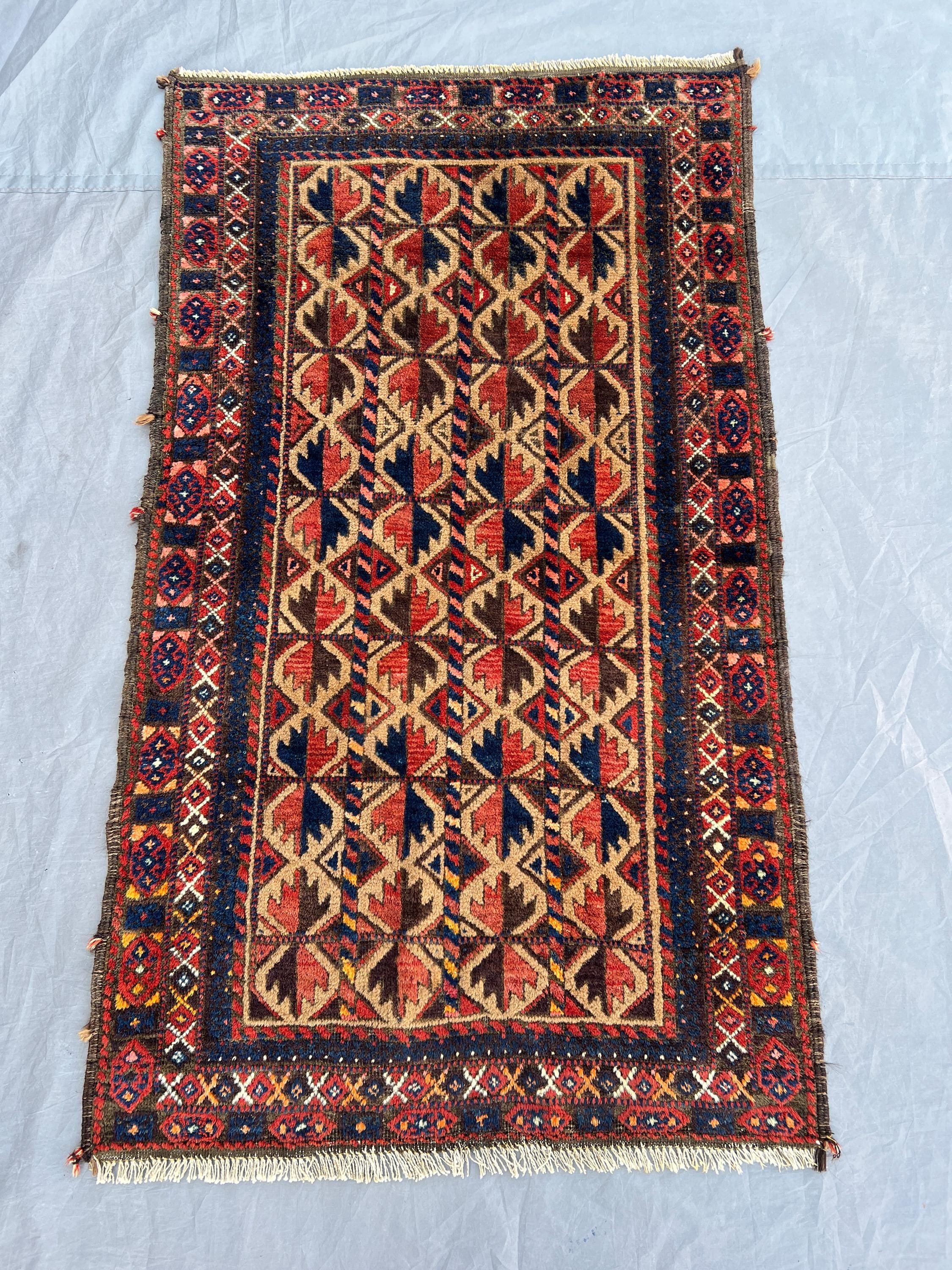 2'4x4 ft Vintage Afghan Baluchi Style Rug | All Over Hooked Diamond Lattice Hand Knotted | Camel Red Navy | Boho Accent Tribal Rug