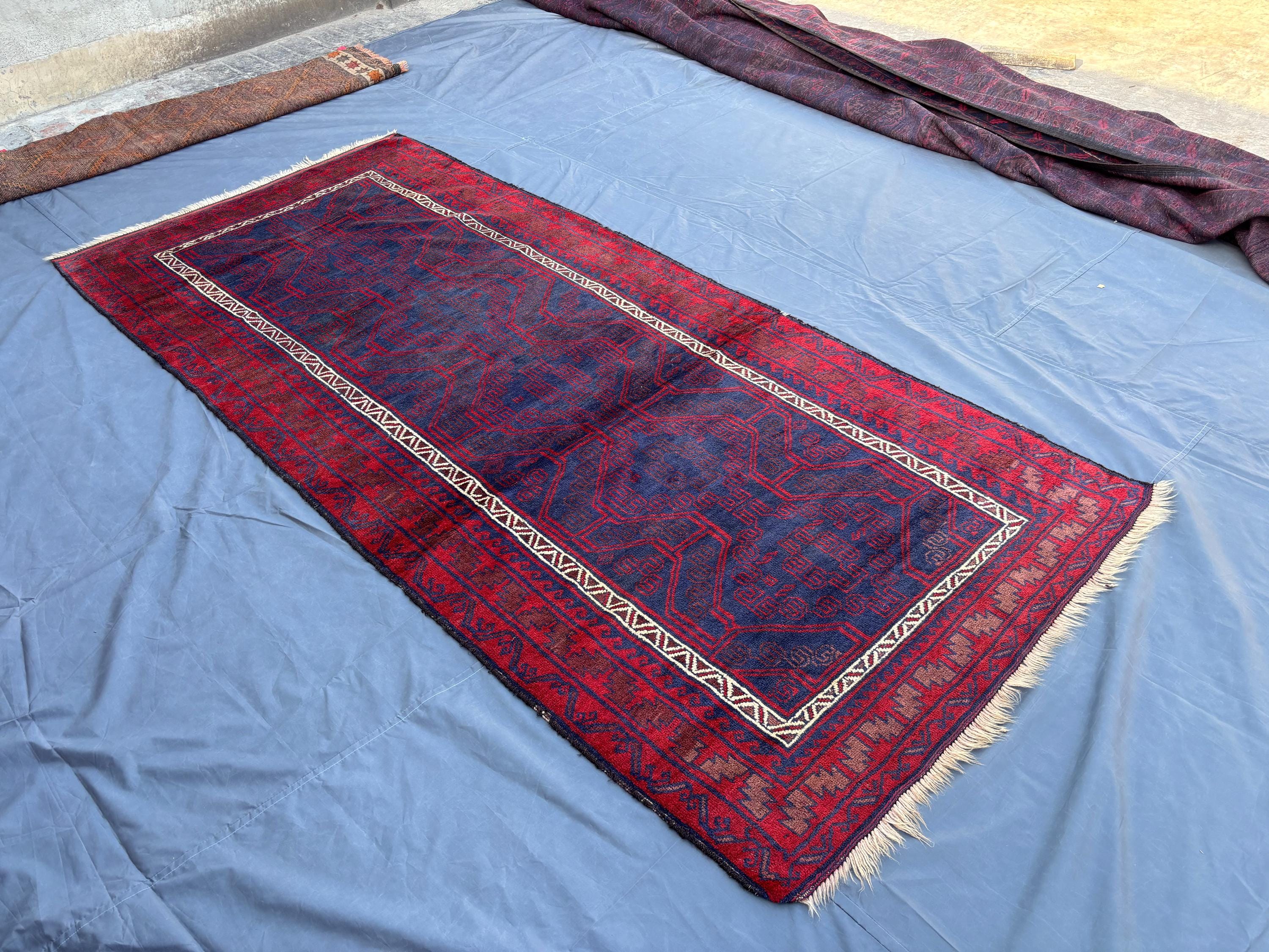 4.2x9.3 ft Vintage Afghan Hand-Knotted Tribal Wool Runner Rug, Red Navy Geometric Pattern, Boho Corridor Rug Unique Rug | Kitchen Rug Decor