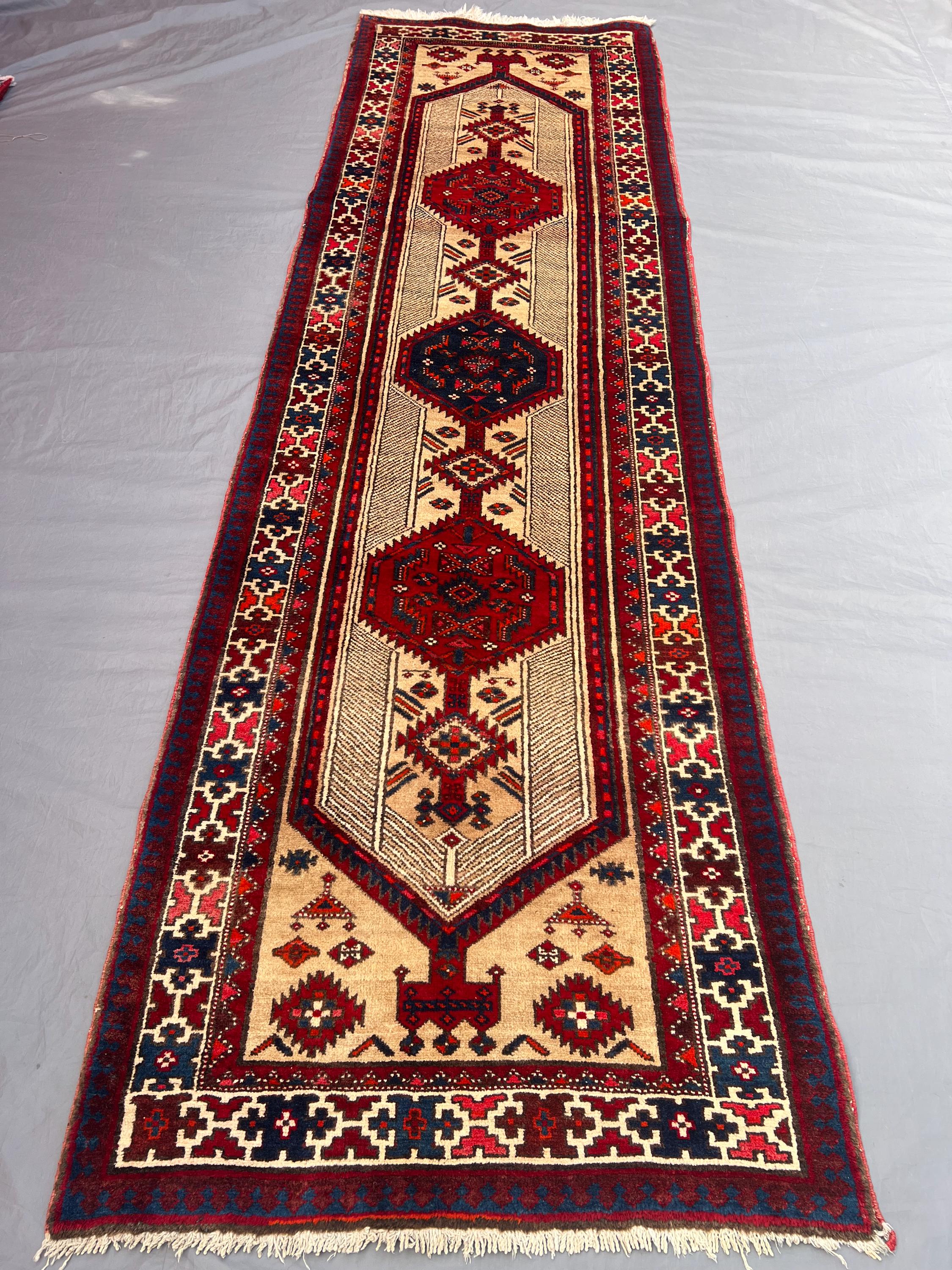 Red 3x10'8 Ft Vintage Afghan Geometric Pattern Hand-Knotted Runner, Boho Rug, Tribal Wool ,Unique Floor Decor, Runway/Entryway Runner
