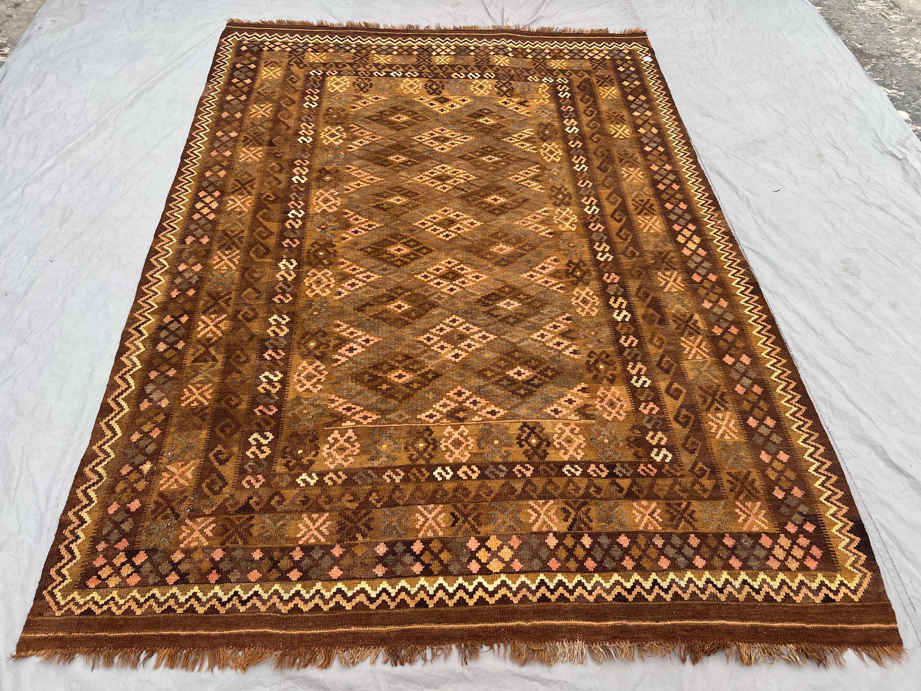 7x10 Vintage Afghan Kilim Rug, Terracotta Brown Handwoven Wool Carpet, Large Oriental Tribal Geometric Flat Weave Area Rug Living Room Rug