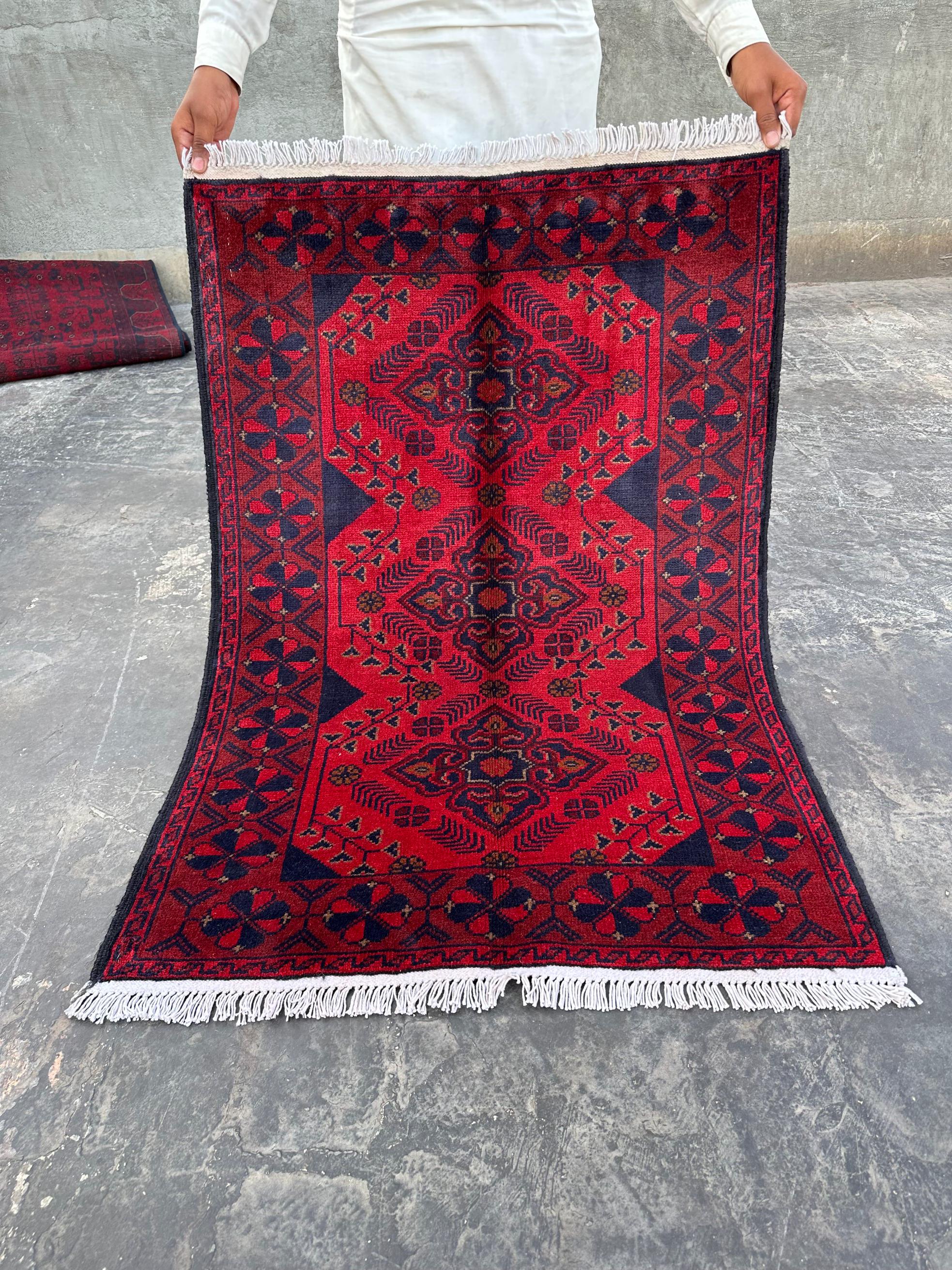 Afghan Hand-Knotted Khal Mohammadi Rug 2'8" x 4'0" | Traditional Red Bukhara Wool Carpet | Andkhoy Tribal Geometric Small Accent Rug