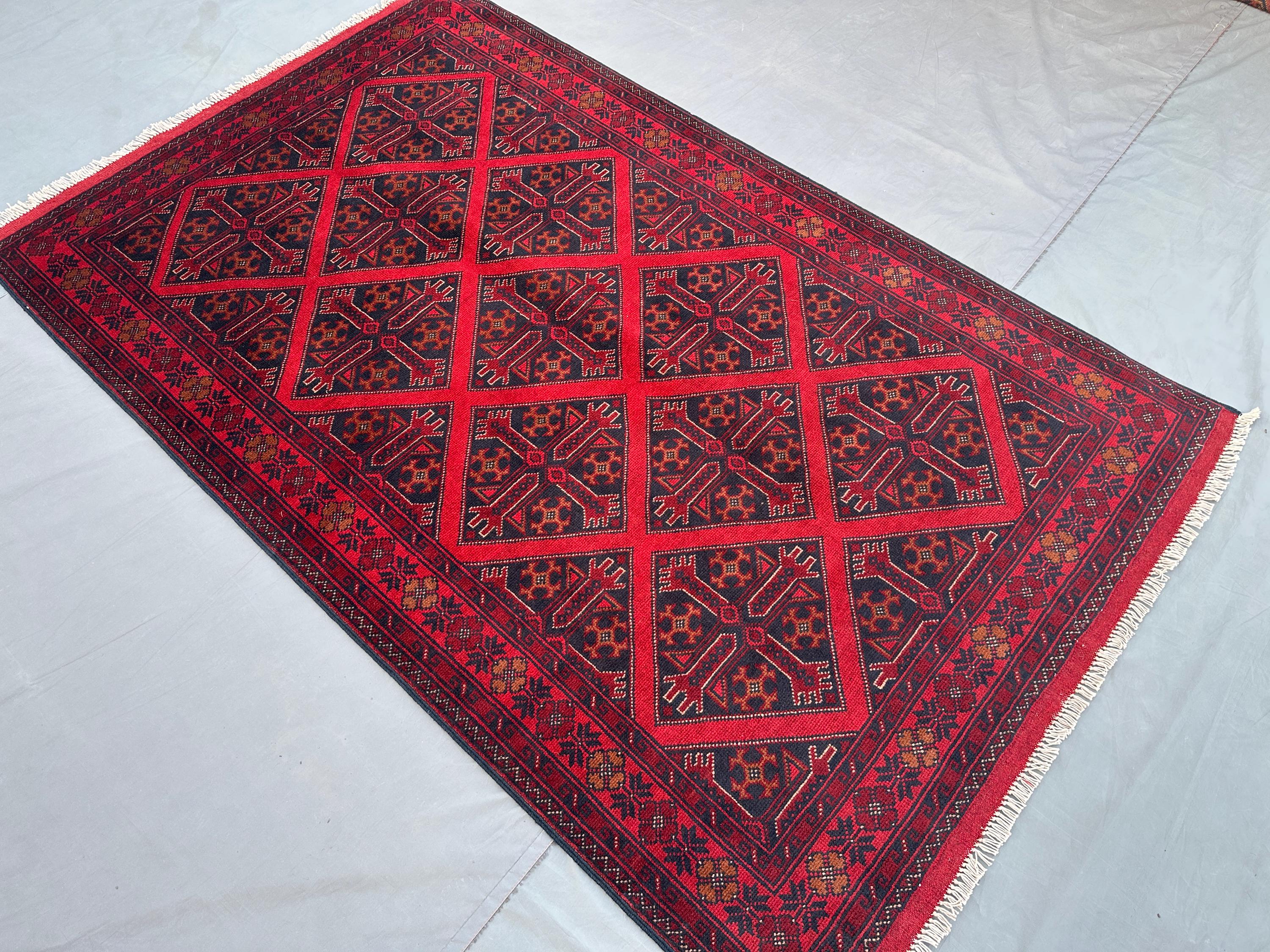 Afghan Turkoman Tribal Rug 4'1x6'9 ft Handmade Bukhara Carpet | Bedroom Rug, Geometric Wool Rug | Traditional