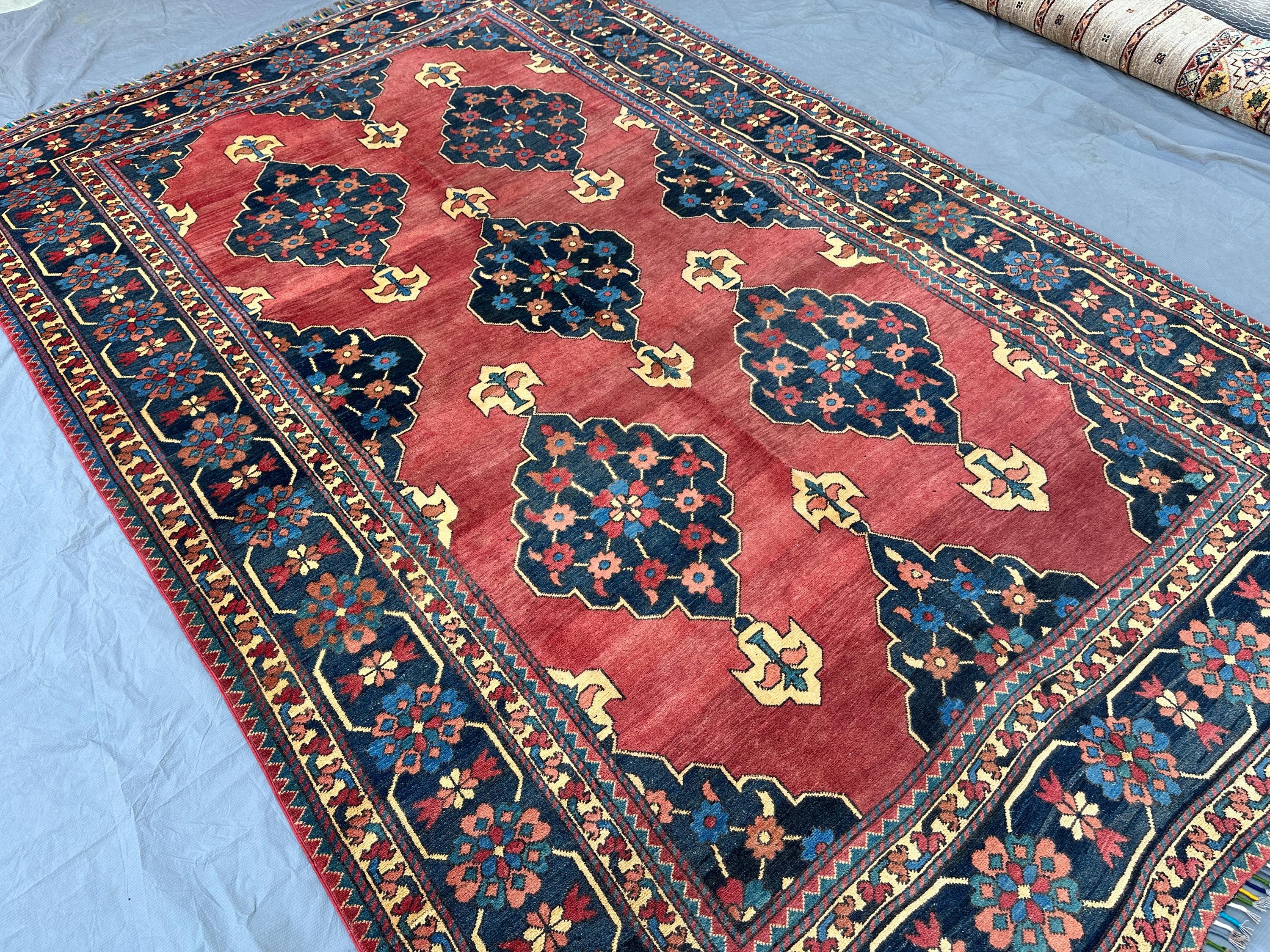 Hand Knotted Wool Rug, Terracotta Navy Floral Medallion Carpet, Traditional Area Rug