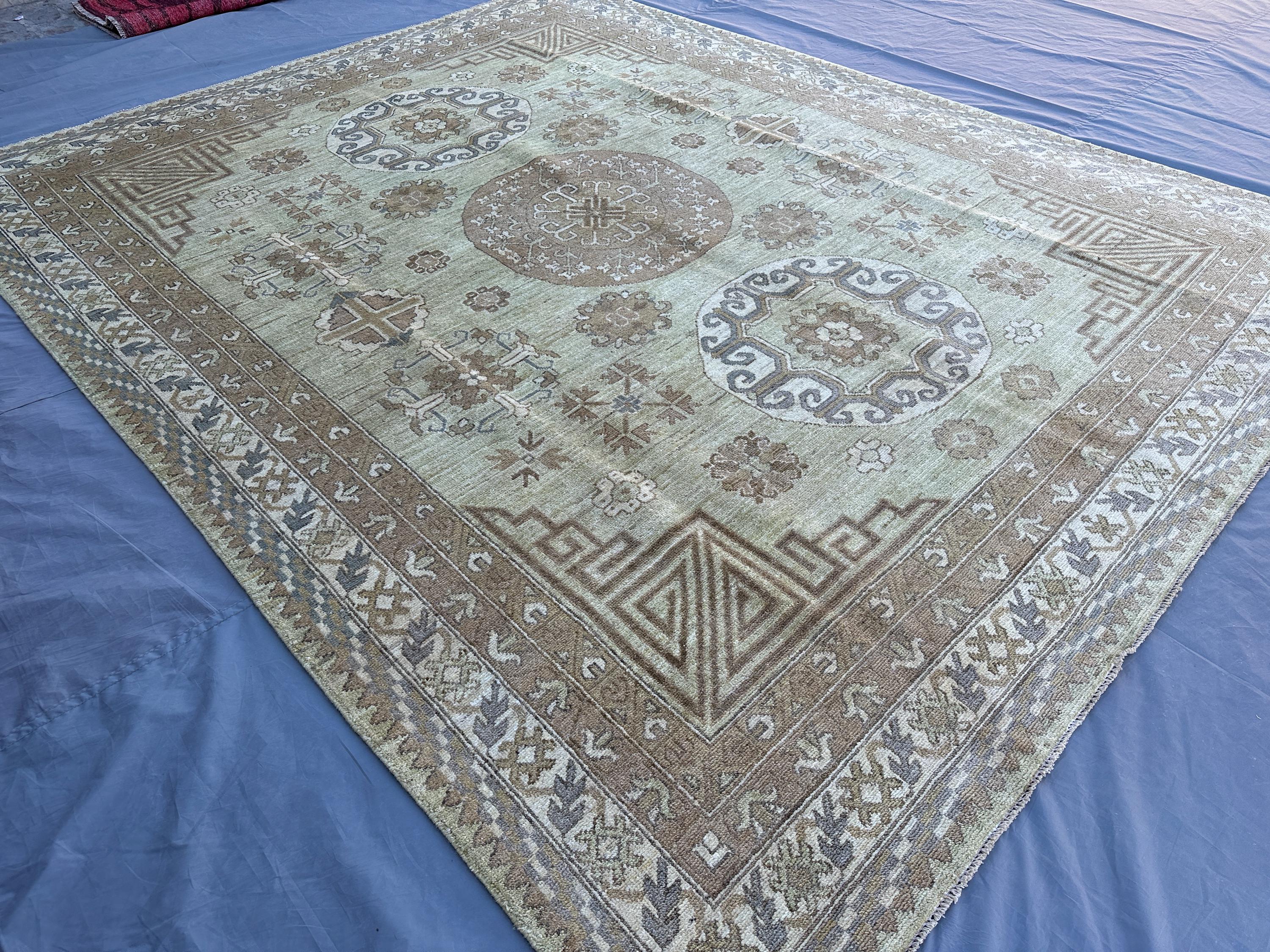 8x10 Afghan Hand-Knotted Oushak Rug | Modern Tribal Wool Area Rug | Luxury Geometric Pattern | Large Neutral Toned Carpet, Living Room Rug