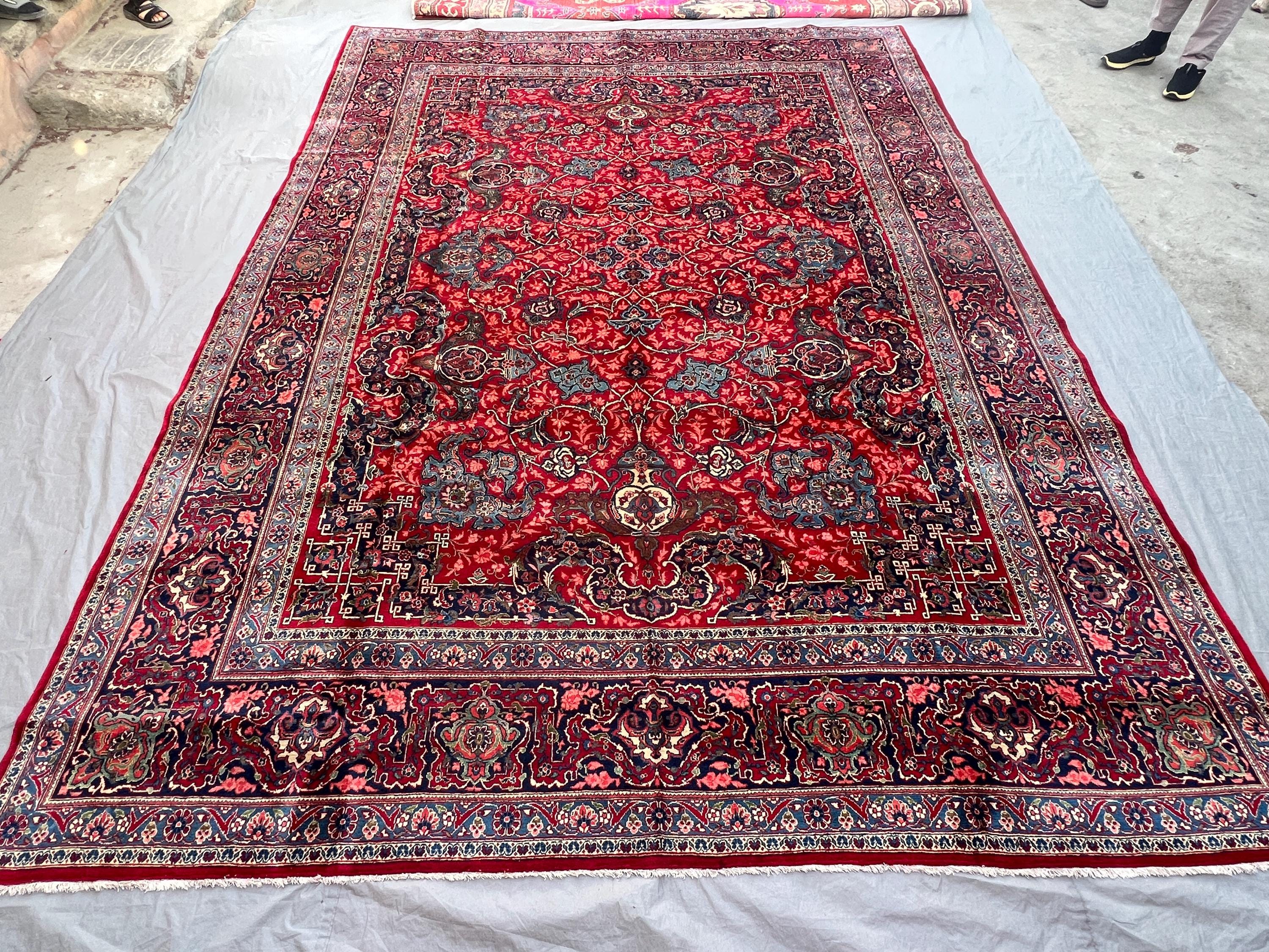 9'4x12'8 Ft Antique Afghan Turkish Inspired Handknotted Soft Pile Oversized Rug, Red Navy Floral Wool Large Rug | Living Dining Room Decor