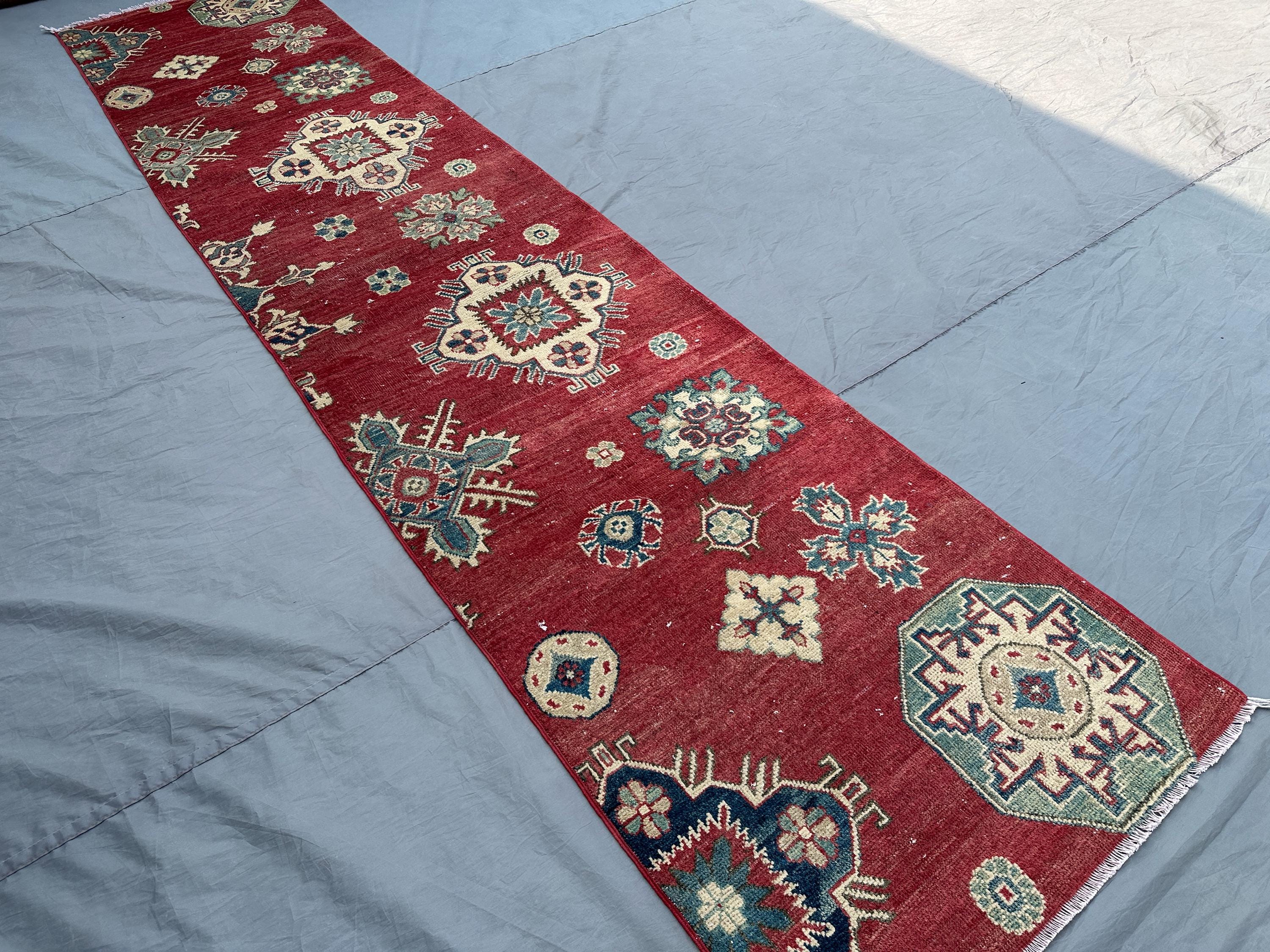 2'5x10'6 ft Afghan Hand Knotted Runner Rug | Tribal Oushak Style | Vintage Wool Carpet | Geometric Pattern, Hallway Rug, Traditional Runner