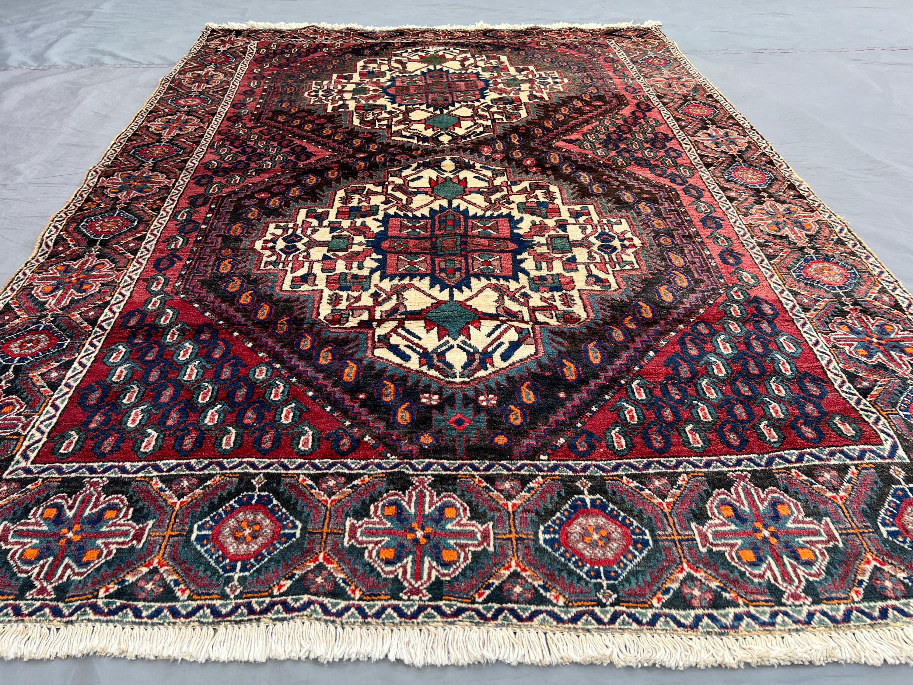 4'5" x 6'3" ft, Afghan Hand-Knotted Tribal Rug | Caucasian Style Heriz Design | Rare Wool Rug | Red, Blue, Cream, and Green, Vintage Carpet