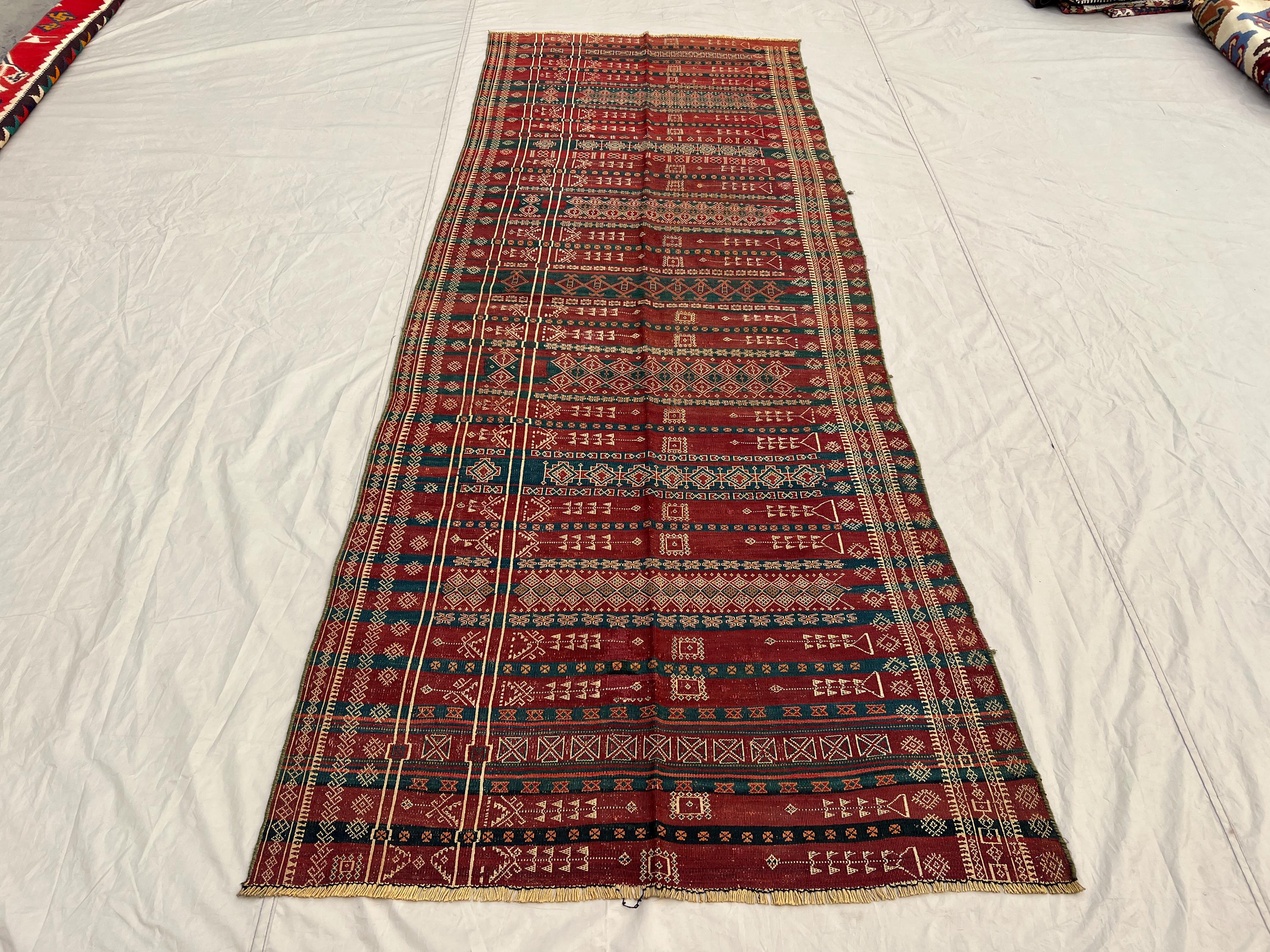 4x10 ft Antique Afghan Baluchi Kilim - Handwoven, Multi-Colored Tribal Design, Flatweave Wool Rug Geomatric D