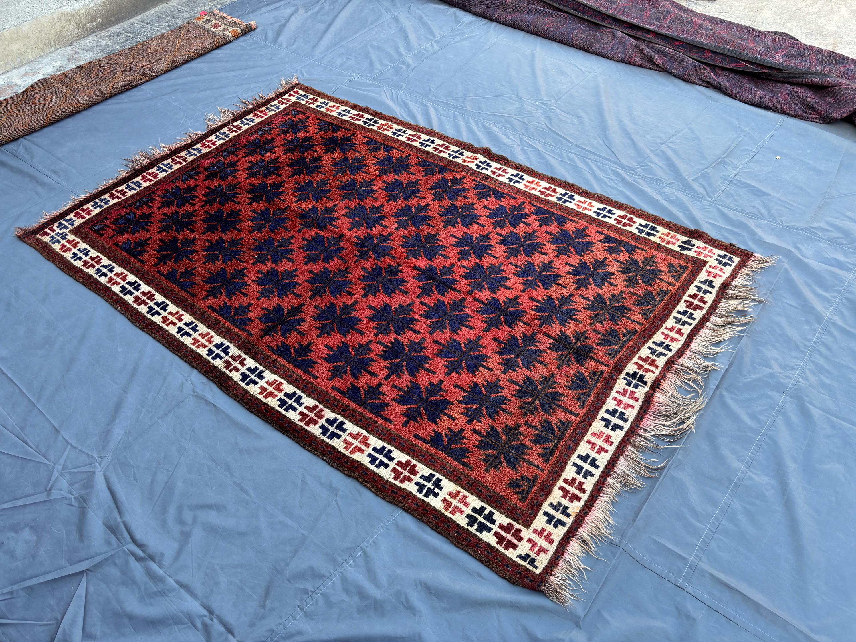 5x8 Vintage Afghan Hand-Knotted Soft Wool Rug, Tribal Geometric Red Blue Carpet Rare Oriental Area Rug | Living Room Rug | Nomadic Floor Rug
