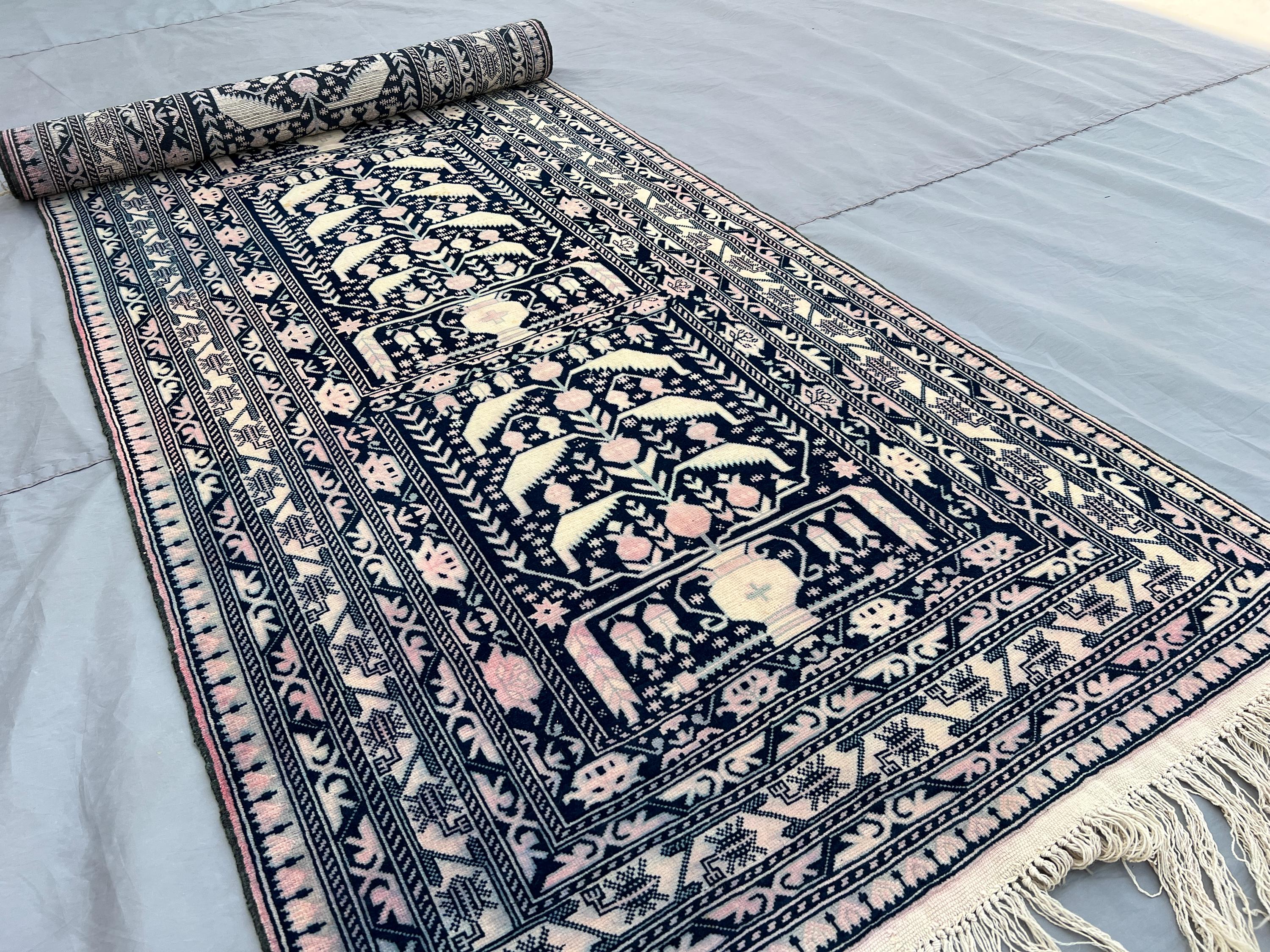 Antique Afghan Runner Rug 2'9x9'3 ft | Hand Knotted Wool Carpet | Rare Baluchi Design | Pink Ivory Tribal Hall
