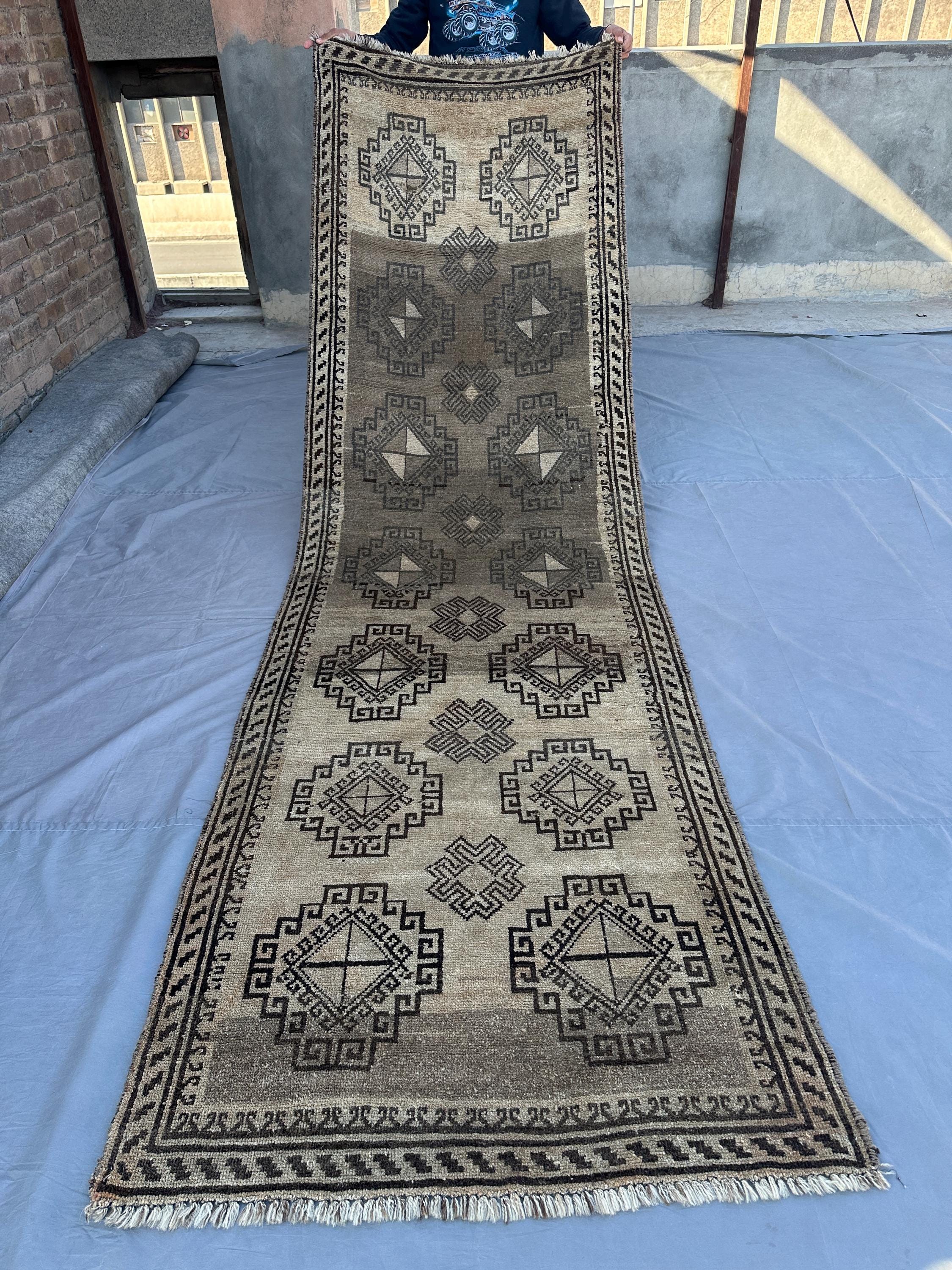 3'4 x 10'8 ft Antique Afghan Baluch Runner Rug Tribal Wool Wide Hallway Rug Fine Handmade Carpet, Terracotta Runner rug. Moroccan Rug 4x11