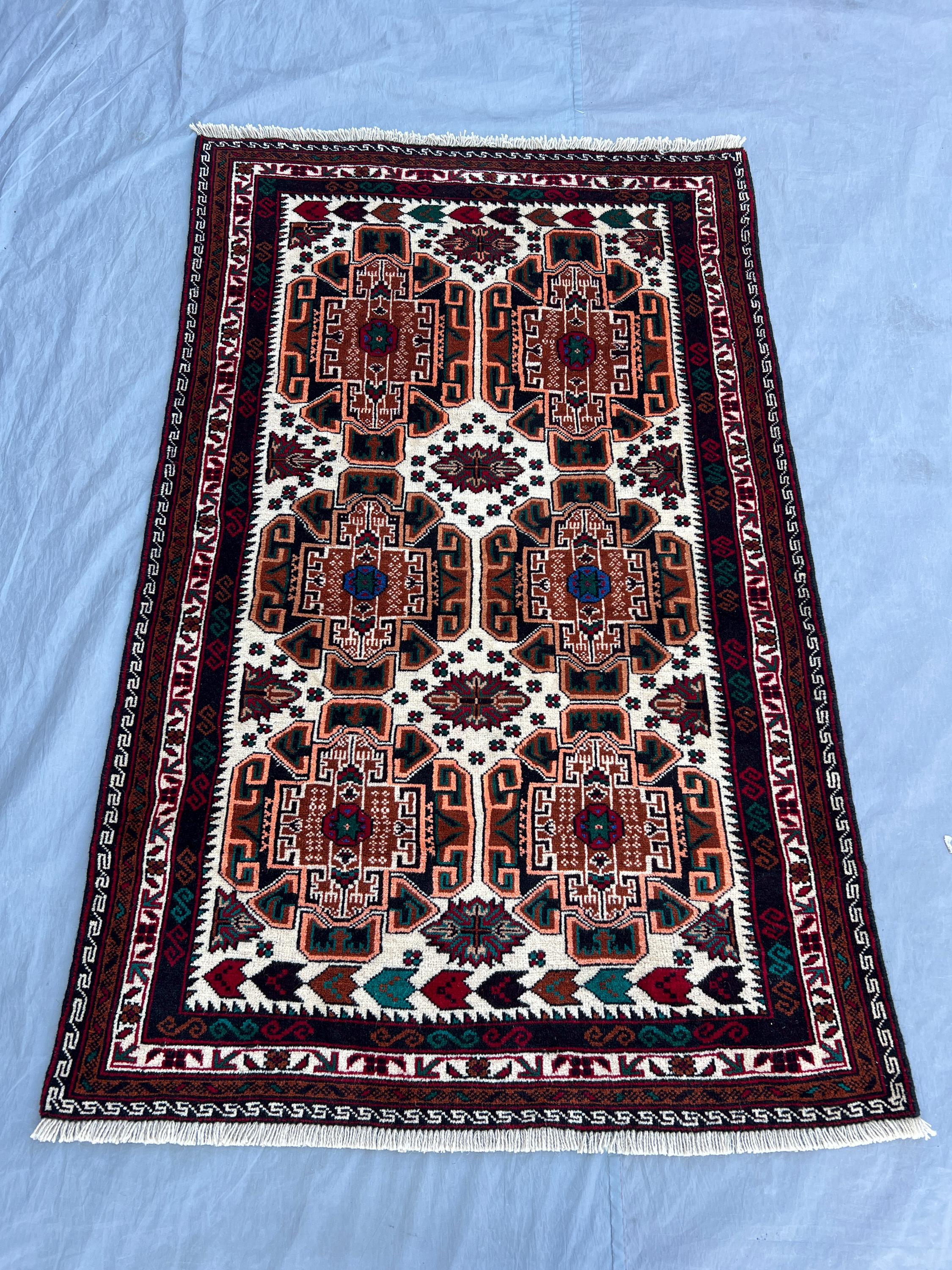 3'7x5'9 ft, Vintage Afghan Baluchi Hand-Knotted Rug, Geometric Tribal Wool, Design, Soft Pile, Hallway, Boho D