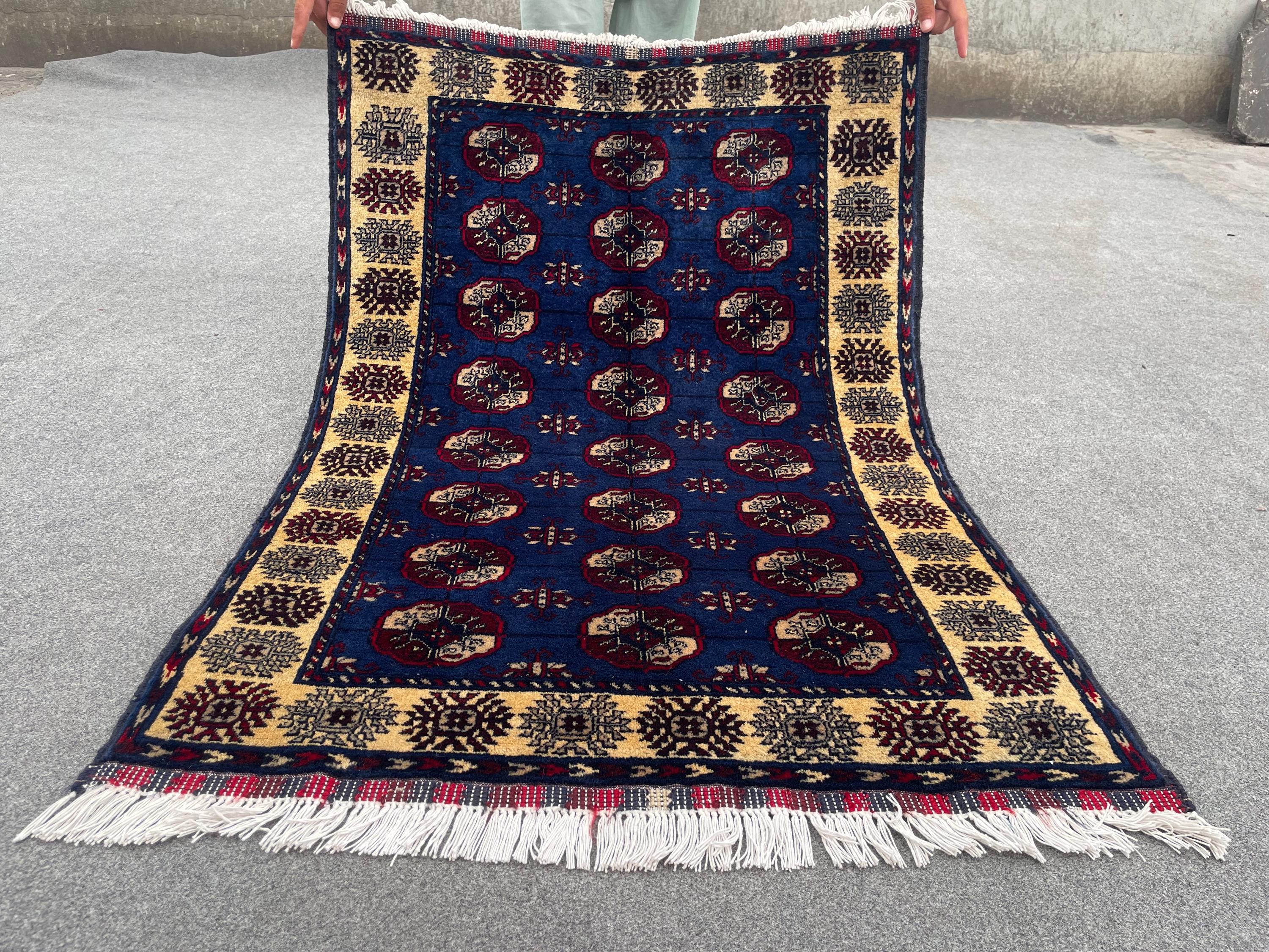 Afghan Hand-Knotted Turkmen Rug 2'9" x 4'0" | Luxury Modern Wool Rug | Geometric Bukhara Pattern | Navy Blue W