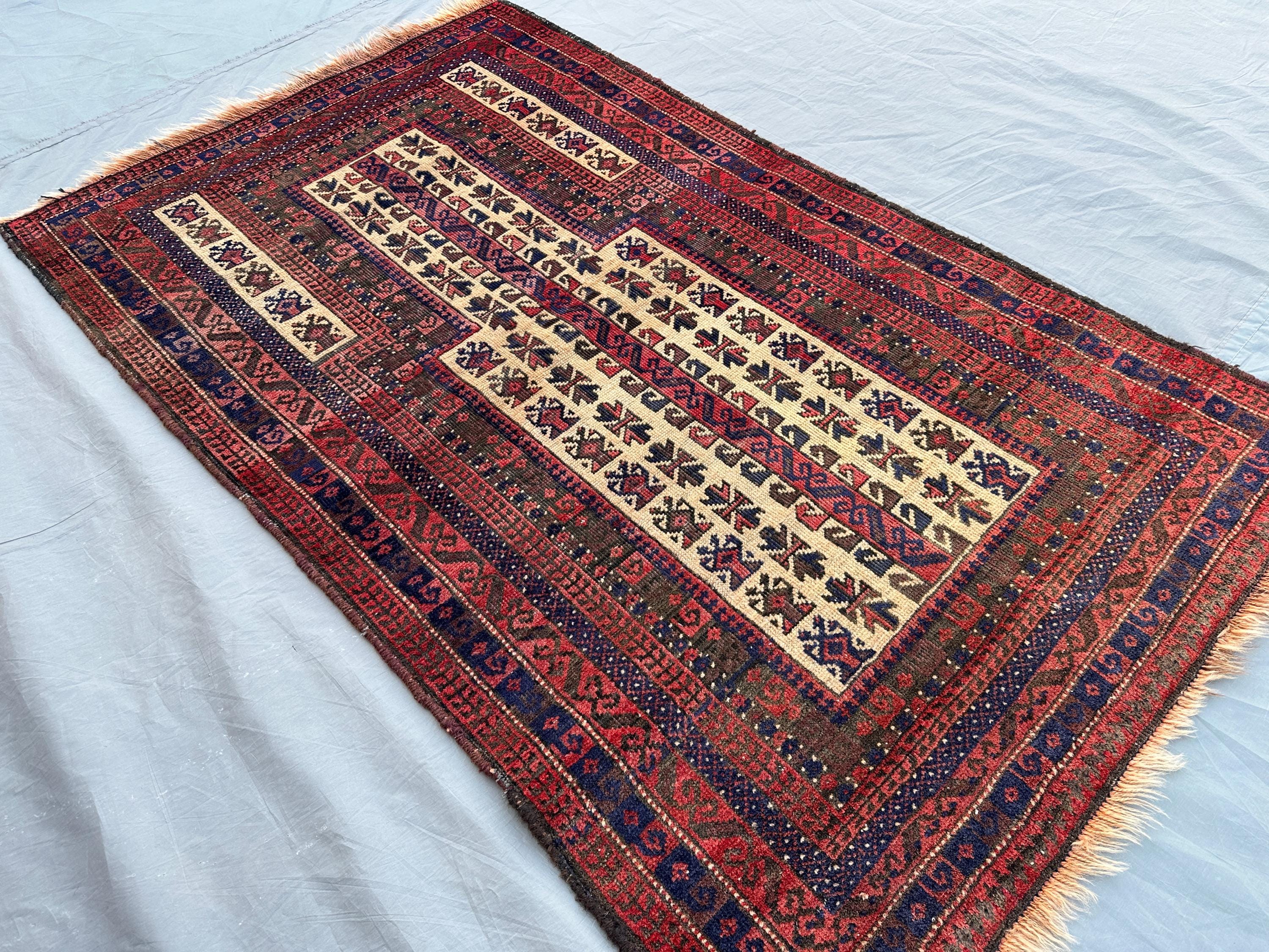 3x5 Afghan Baluchi Prayer Rug, Vintage Hand-Knotted Wool, Tribal Geometric Design, Soft Pile, Unique Oriental