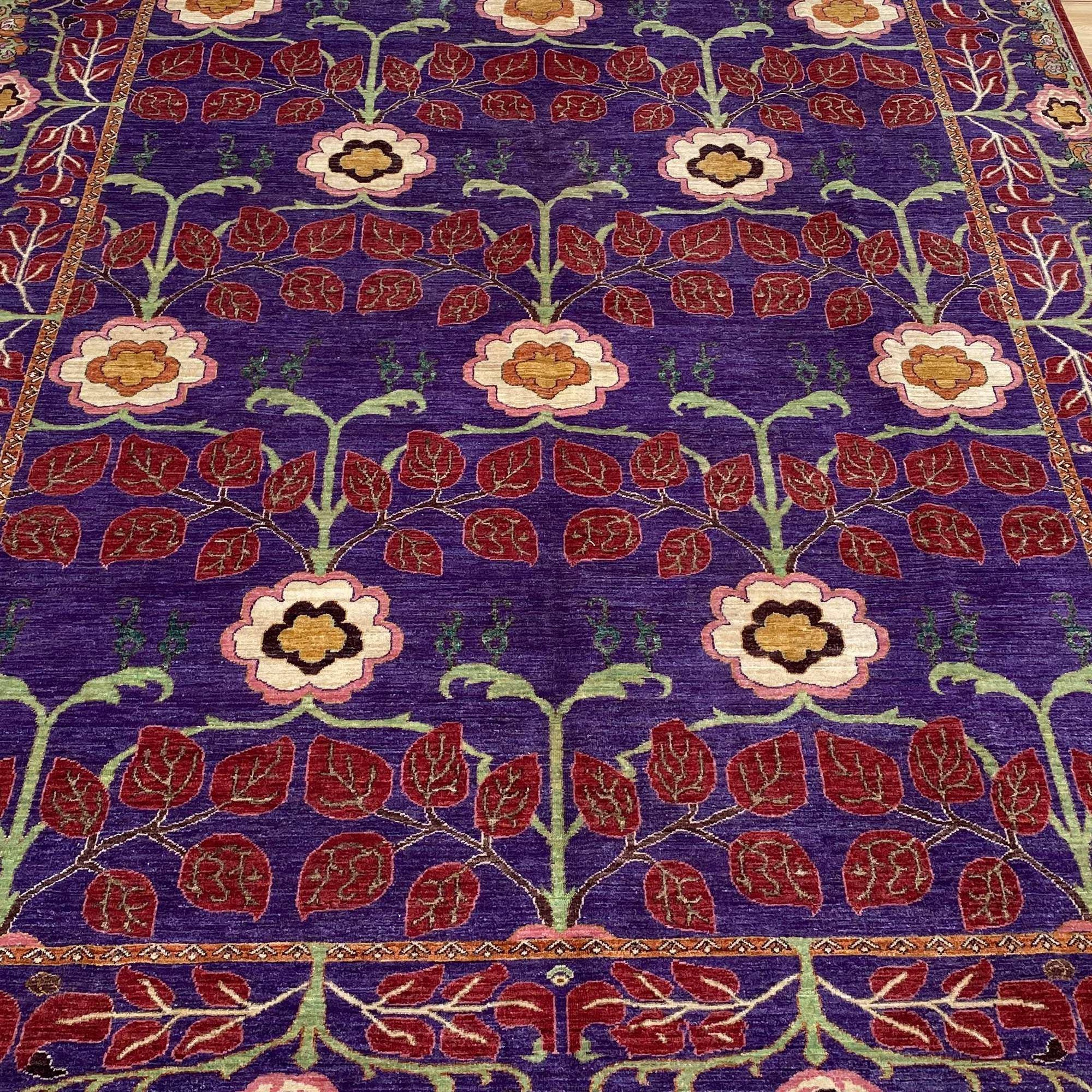 Purple Floral Wool Rug | Afghan Hand Knotted Arts Crafts Carpet 9x12 ft | Botanical Area Rug Living Room Gift