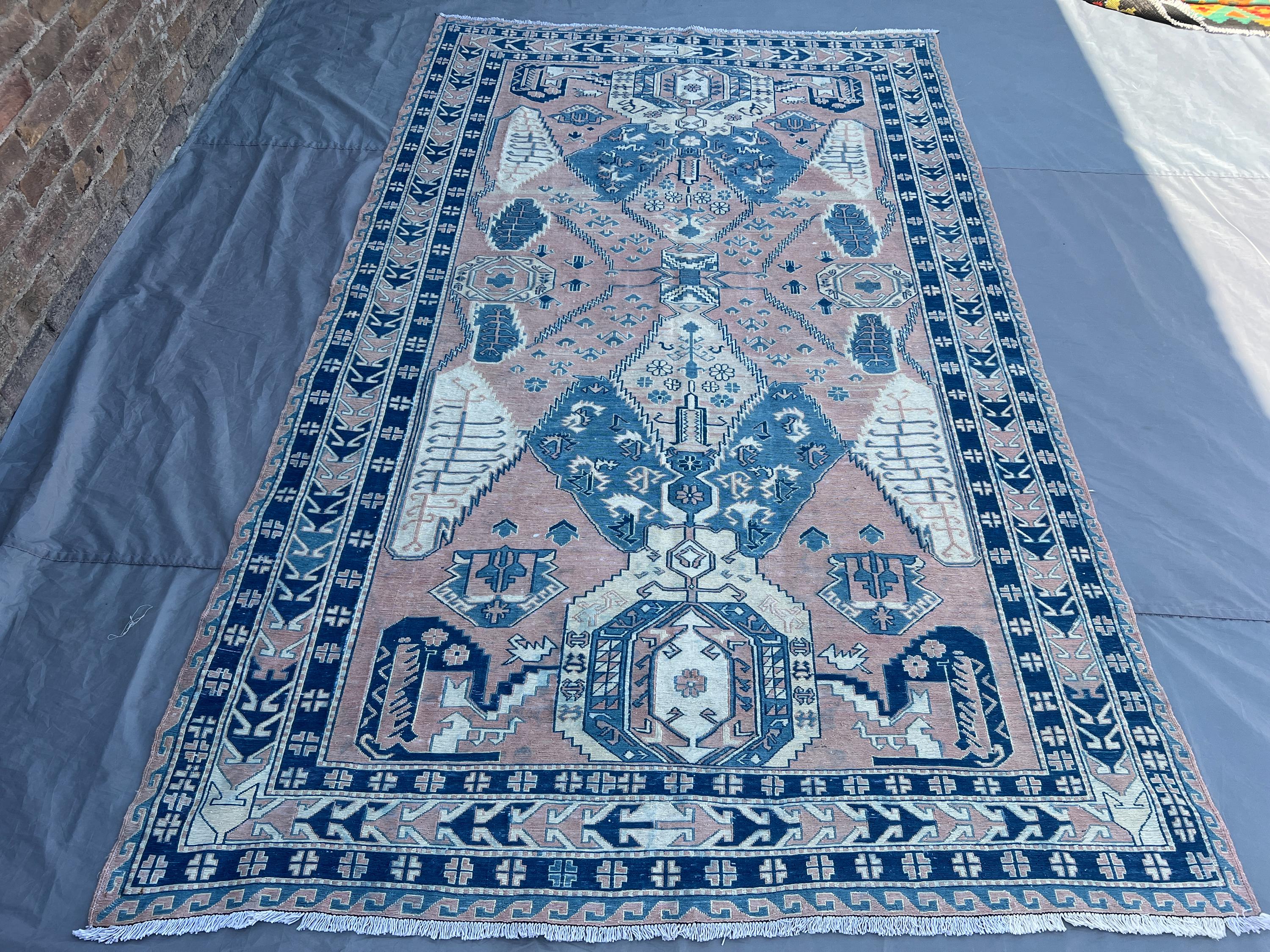 5'8x9'4 ft, Antique Afghan Handmade Rug, High-Quality Sumak Rug, Tribal Geometric Luxury No Pile Distressed Area Rug, Hand-Woven Baluch Rug