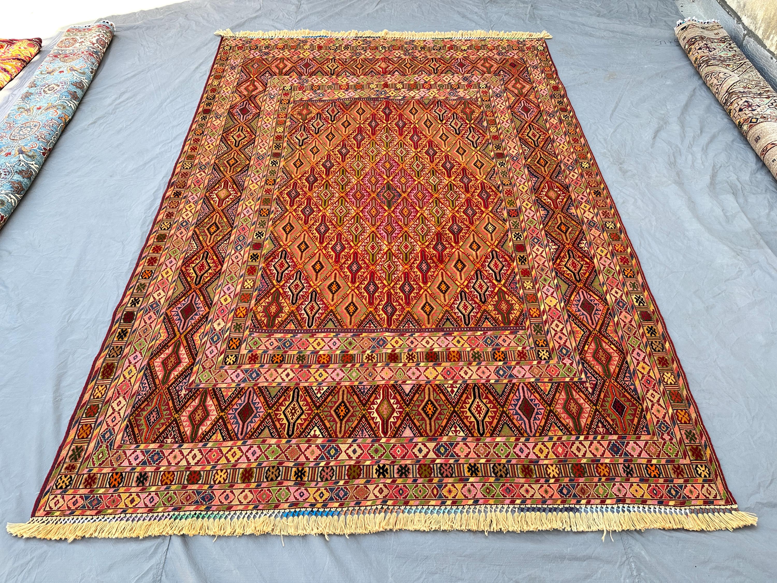 Masterpiece Multicolor Afghan Mushwani Kilim 9x7, Handwoven Wool Flatweave Rug, Diamond Lattice Tribal Design,