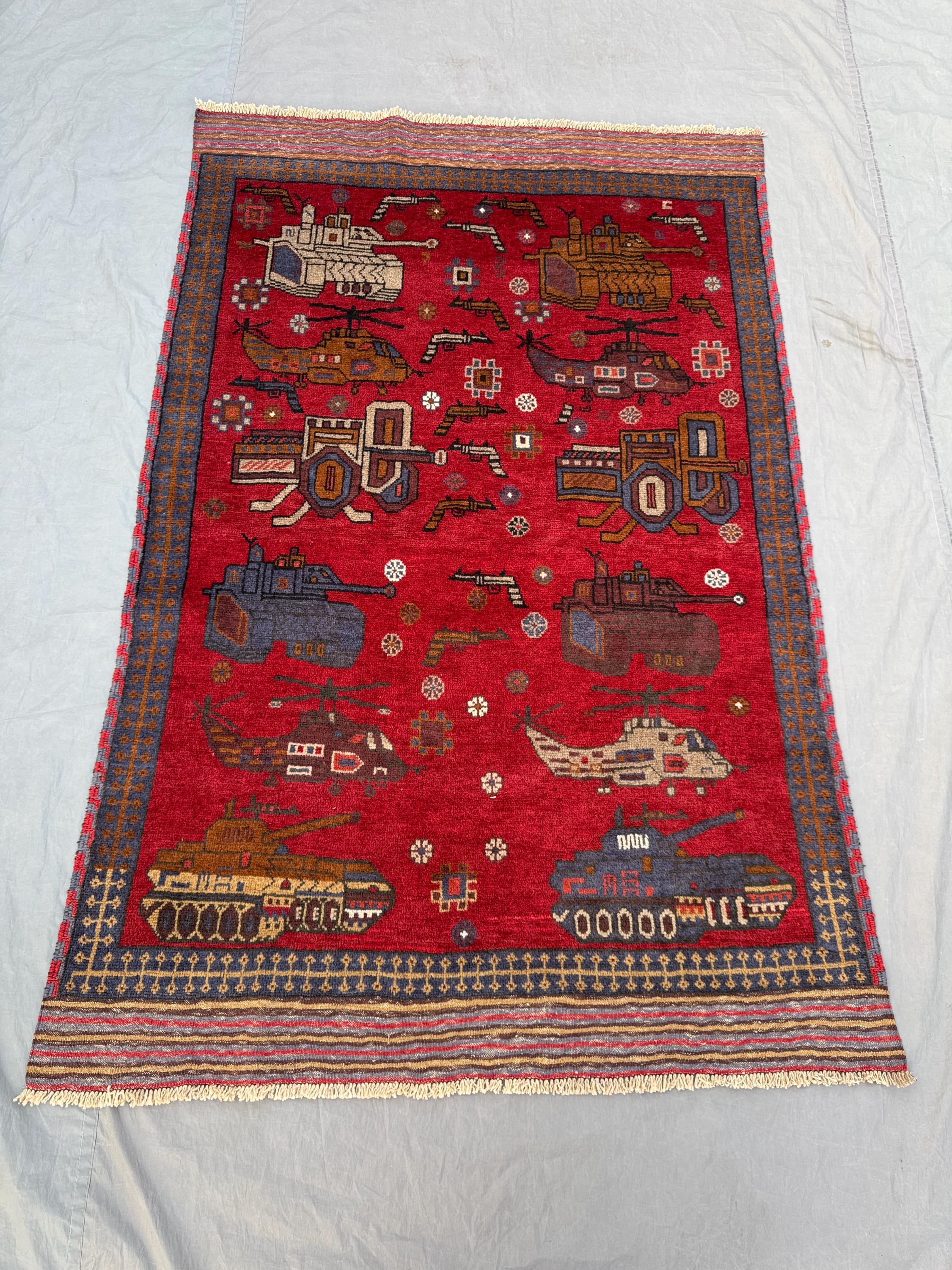 Red Afghan Hand Knotted War Rug, Modern Pictorial Wool Rug with Tanks and Helicopters, One of a Kind, 4x6.4 ft