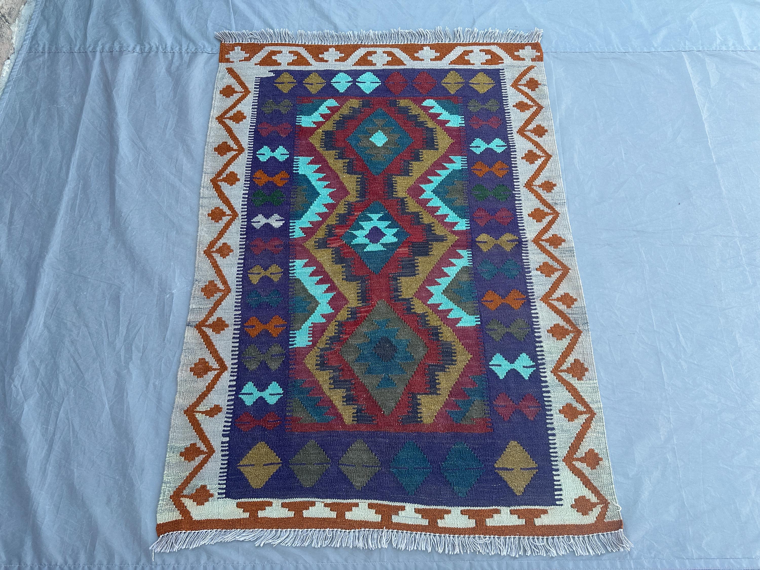 3.4x4.8 ft, Afghan Kilim Rug | Handmade Flat Weave Wool Carpet | Modern Tribal Design | Colorful Luxury Decor | Small Boho Geometric Rug