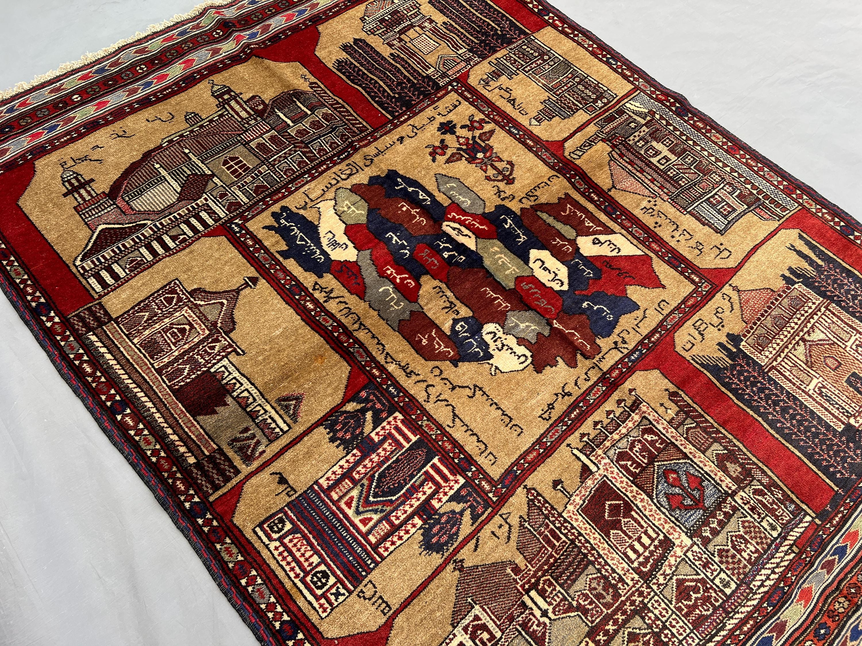4'7" x 6' ft Vintage Hand Knotted Pictorial Rug, Rare Architectural Design Wool Carpet, Unique Art Collector Decor, Soft Pile Pictorial Rug