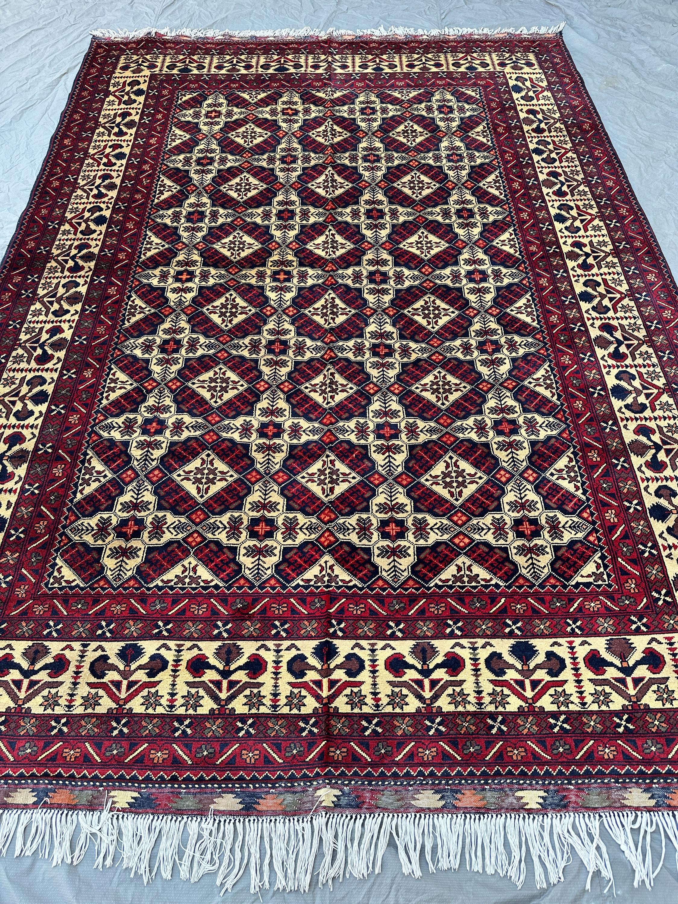 7x10, Afghan Ivory Burgundy Star Rug, Hand Knotted Wool Lattice Carpet Tribal Geometric Area Rug, Bold Wool Ru