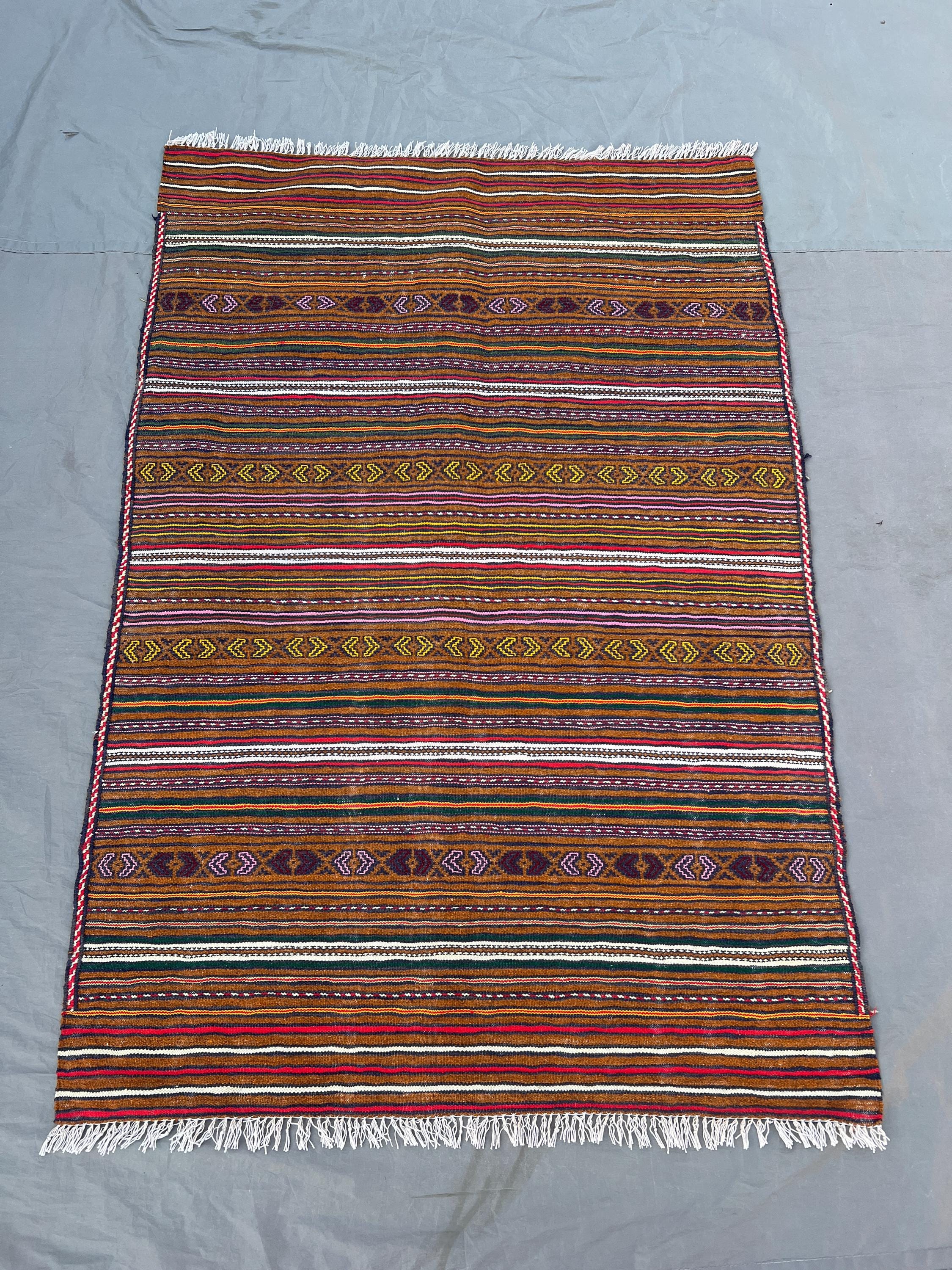 3x4'10 ft Vintage Afghan Rug, Handwoven Wool, Colorful Stripes with Geometric Motifs, Flat Weave, Handknotted, Ideal for Living Room