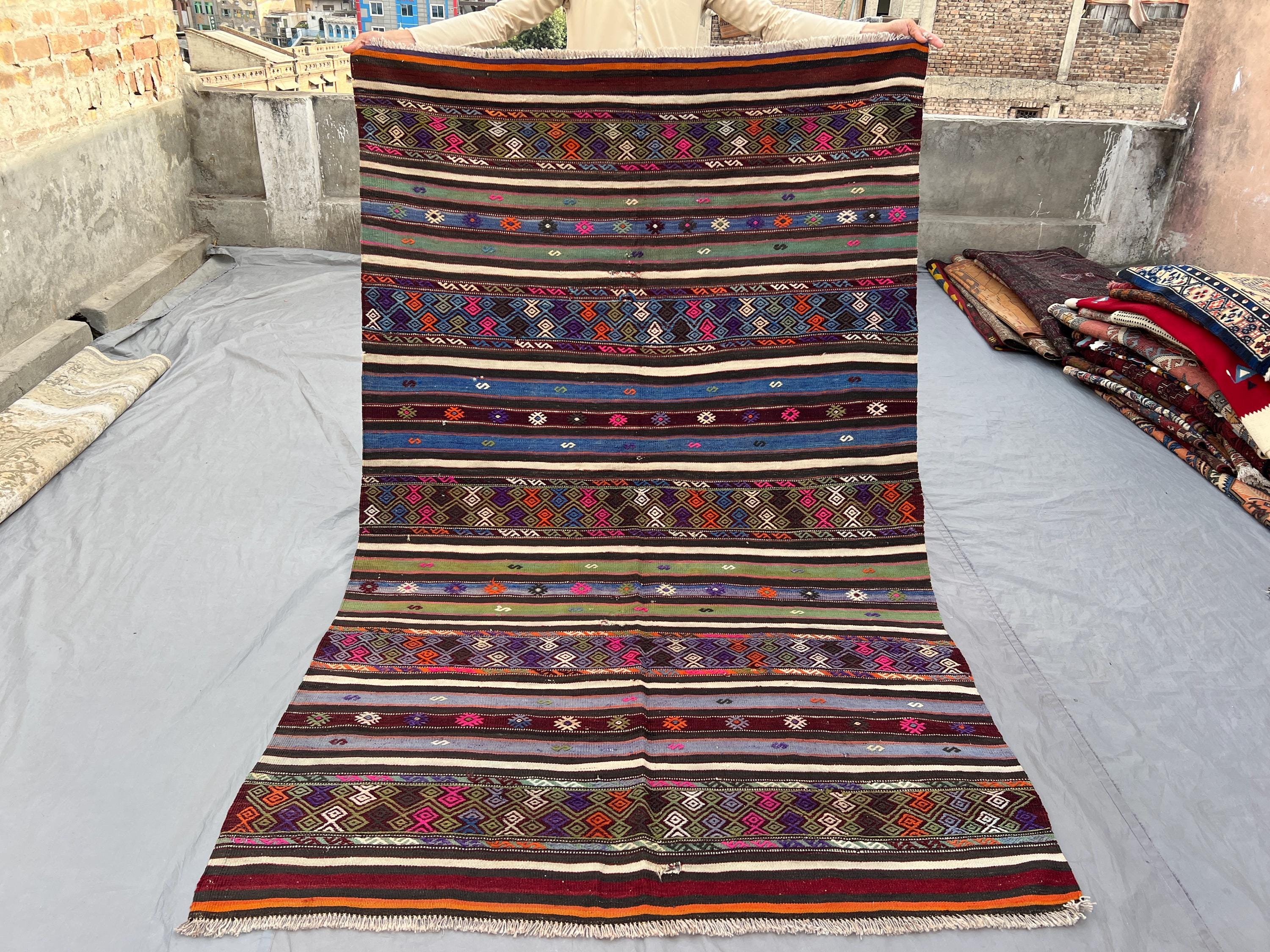 4'7 x 7'6 ft Vintage Afghan Handmade Maldari Kilim Rug, Colorful Geometric Flat Weave Wool Carpet, Boho Tribal Area Rug, Living Room Decor