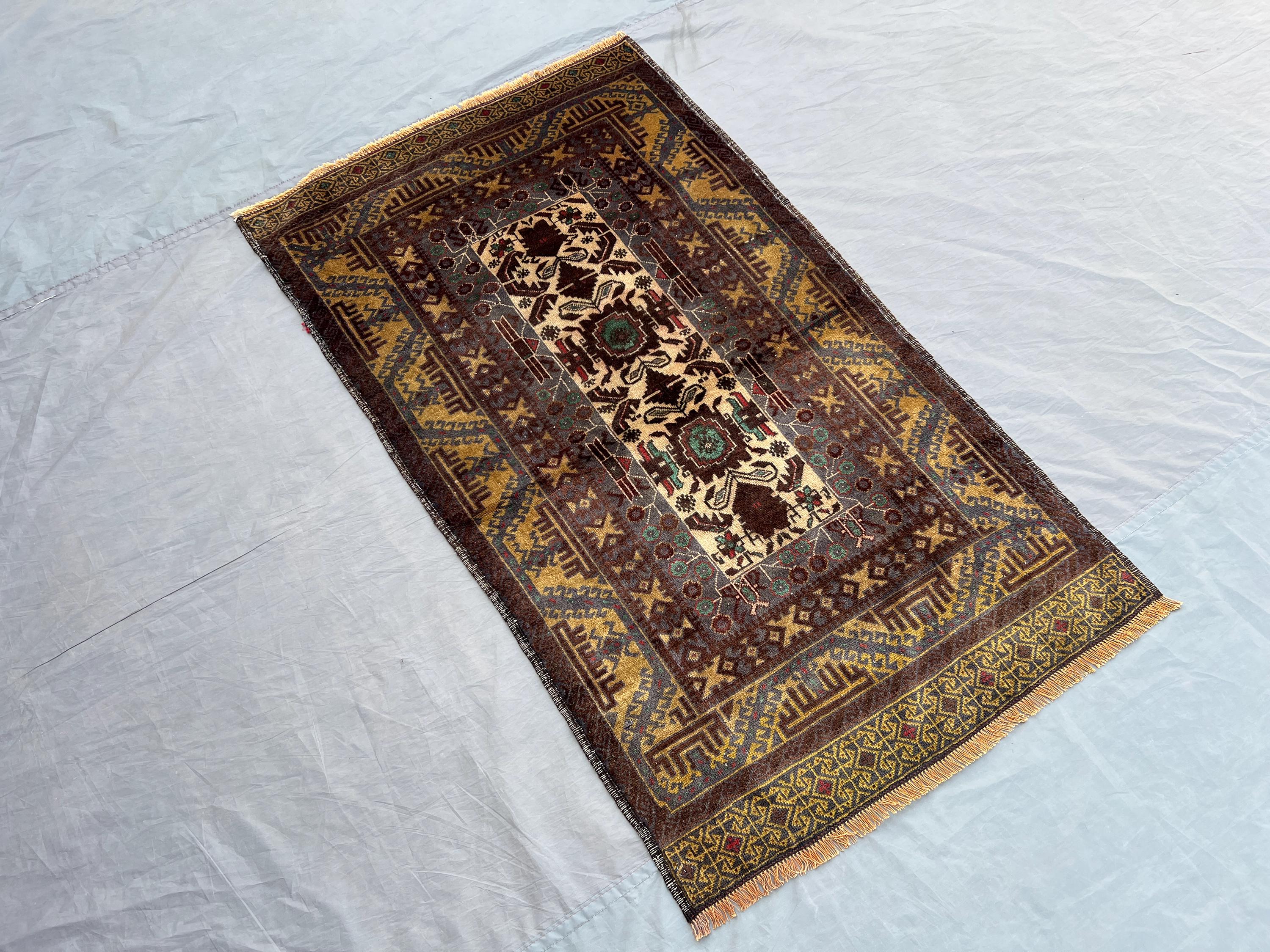 3x5 ft Afghan Baluchi Rug | Hand-Knotted Tribal Wool Area Carpet | Vintage Brown Geometric Design | Rustic Boho Entryway Decor, Bathroom rug
