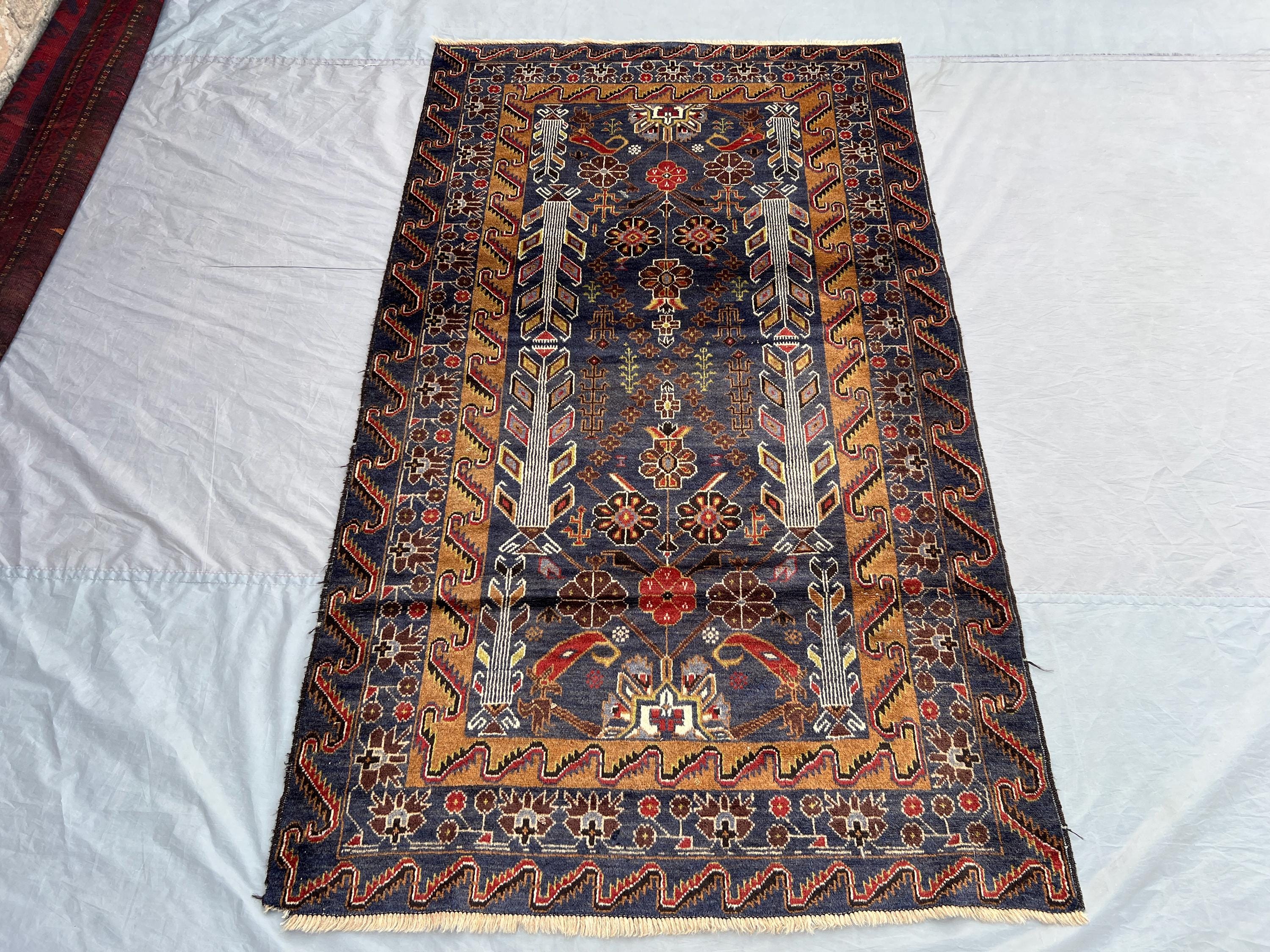 Antique Baluchi Rug 4x7 | Hand Knotted Wool Tribal Carpet | Floral & Bird Motif Design | Afghan Nomadic Oriental Rug for Kitchen Home Decor