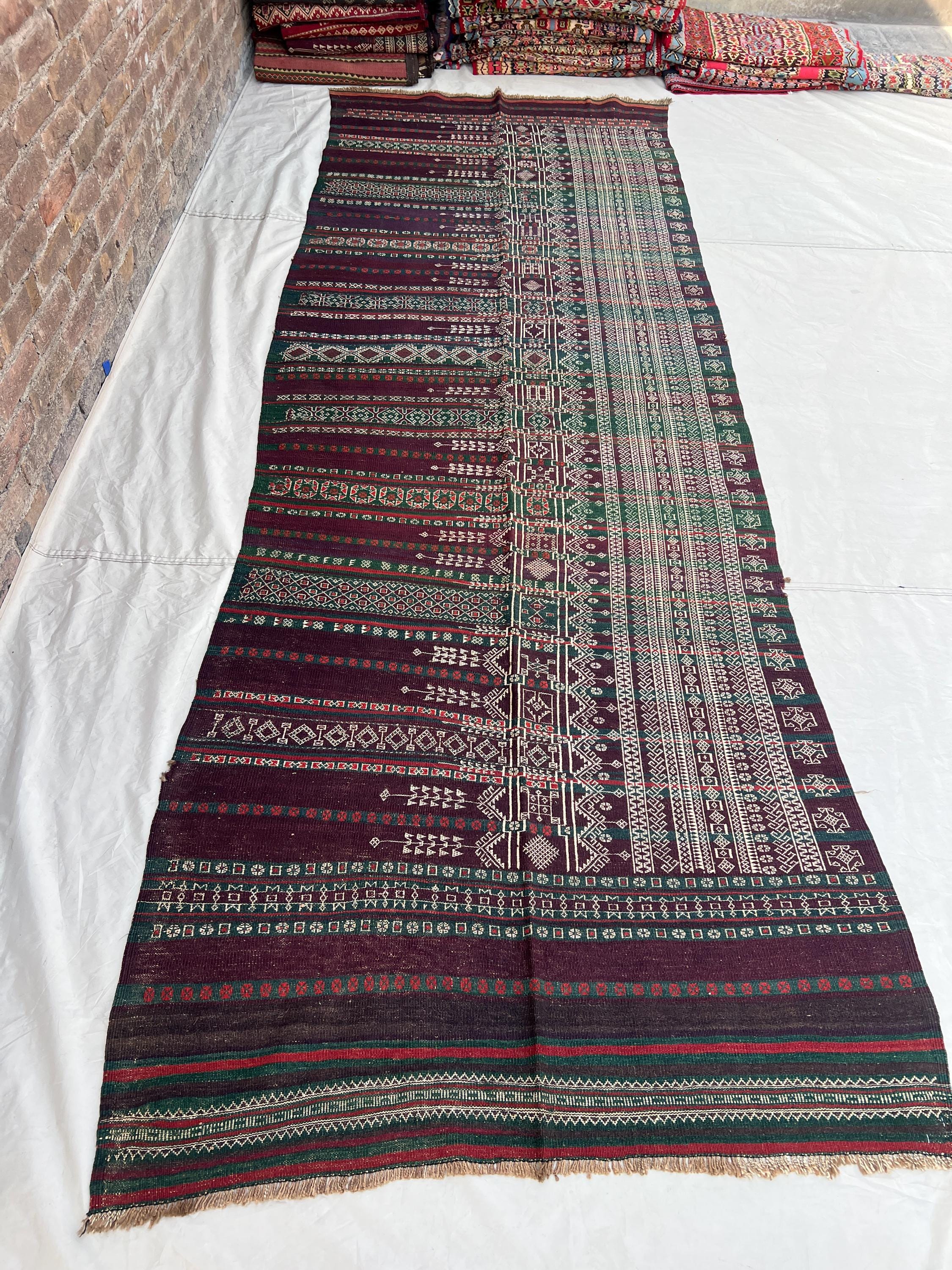 4x11'9 ft Antique Afghan Kilim Runner, Handmade Flatweave Tribal Rug, Long Hallway Runner Rug, Geometric Stripe Carpet, Boho Home Decor