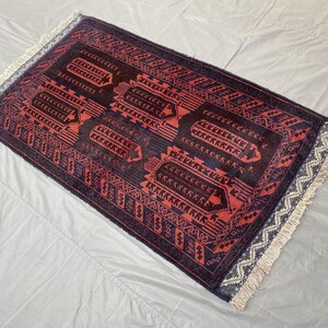 アフガニスタン バルーチ族 部族ラグ | 2'10 x 4'8 フィート | ハンドメイド トルクメン ブハラ カーペット | 幾何学模様 | 小さなエリア ラグ | アクセント ホーム デコレーション