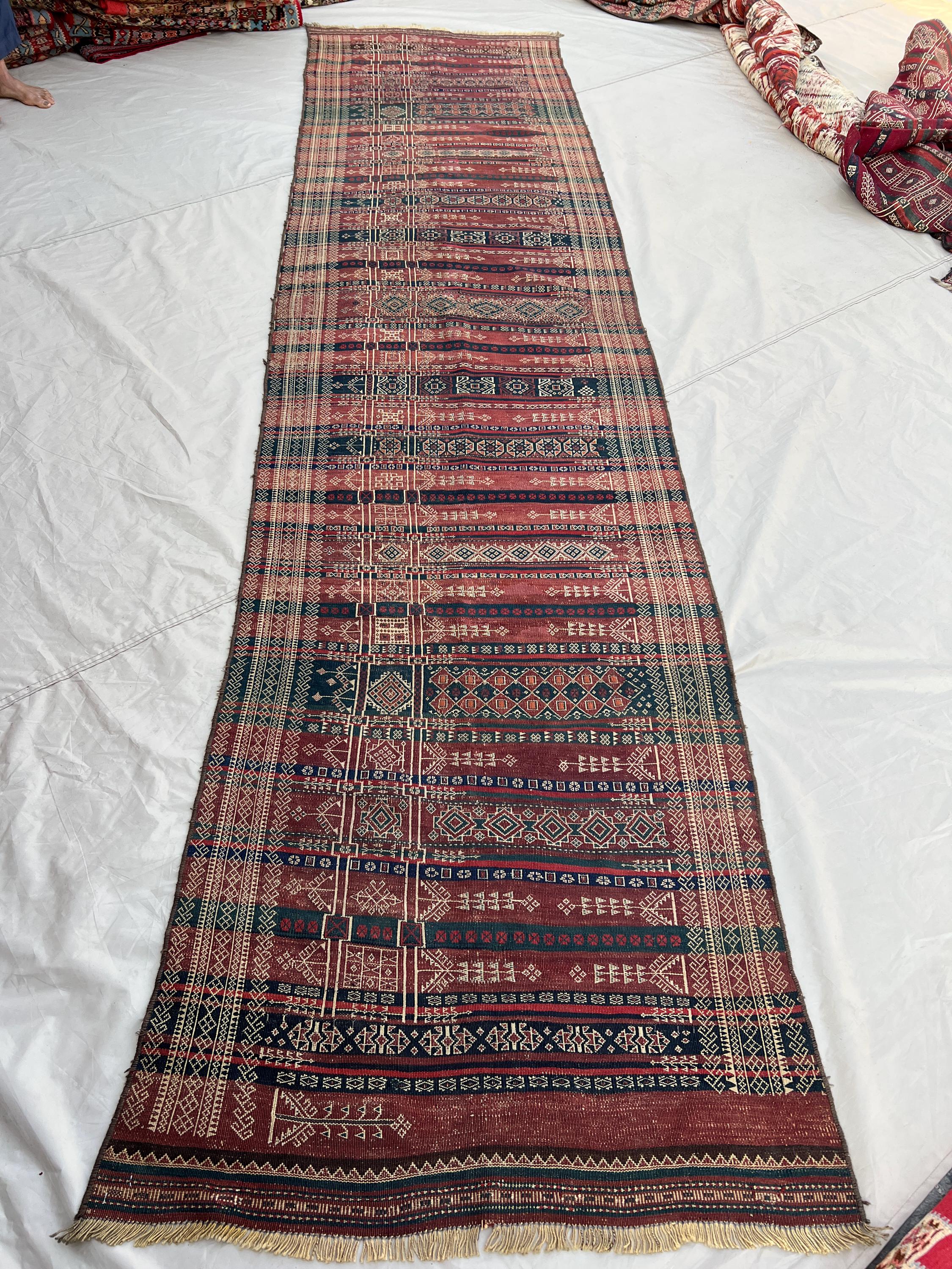 3'2x13'4 ft Antique Afghan Hand-Woven Kilim Runner | Dense Geometric & Diamond Band Repeat | Faded Rose Red Deep Teal Ivory | Hallway