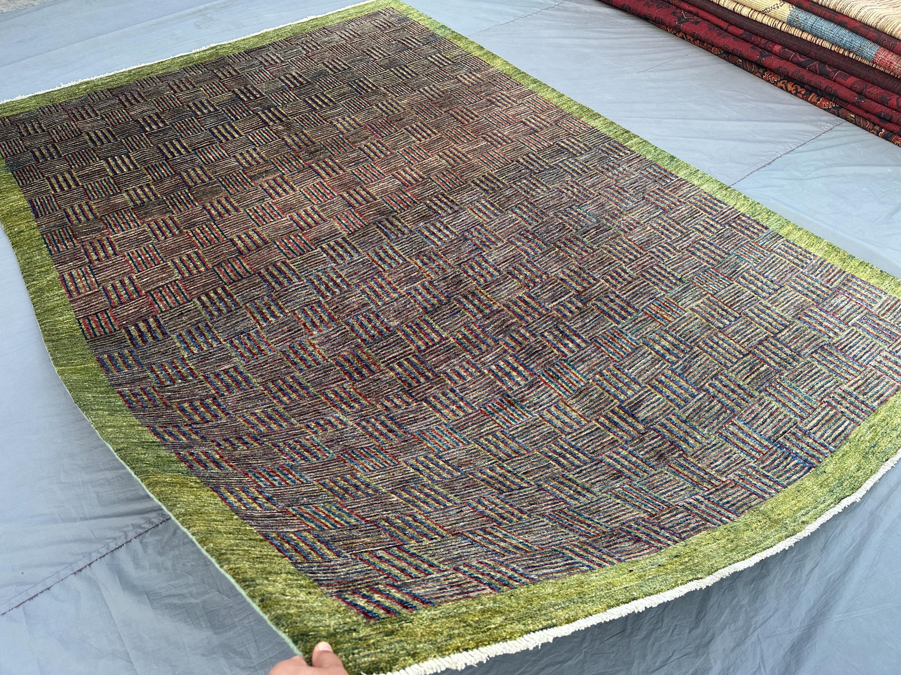 6'9x9'6 ft Modern Green Afghan Hand Knotted Gabbah Rug, Moroccan Style Berber Rug, Geometric Pattern Wool Rug,