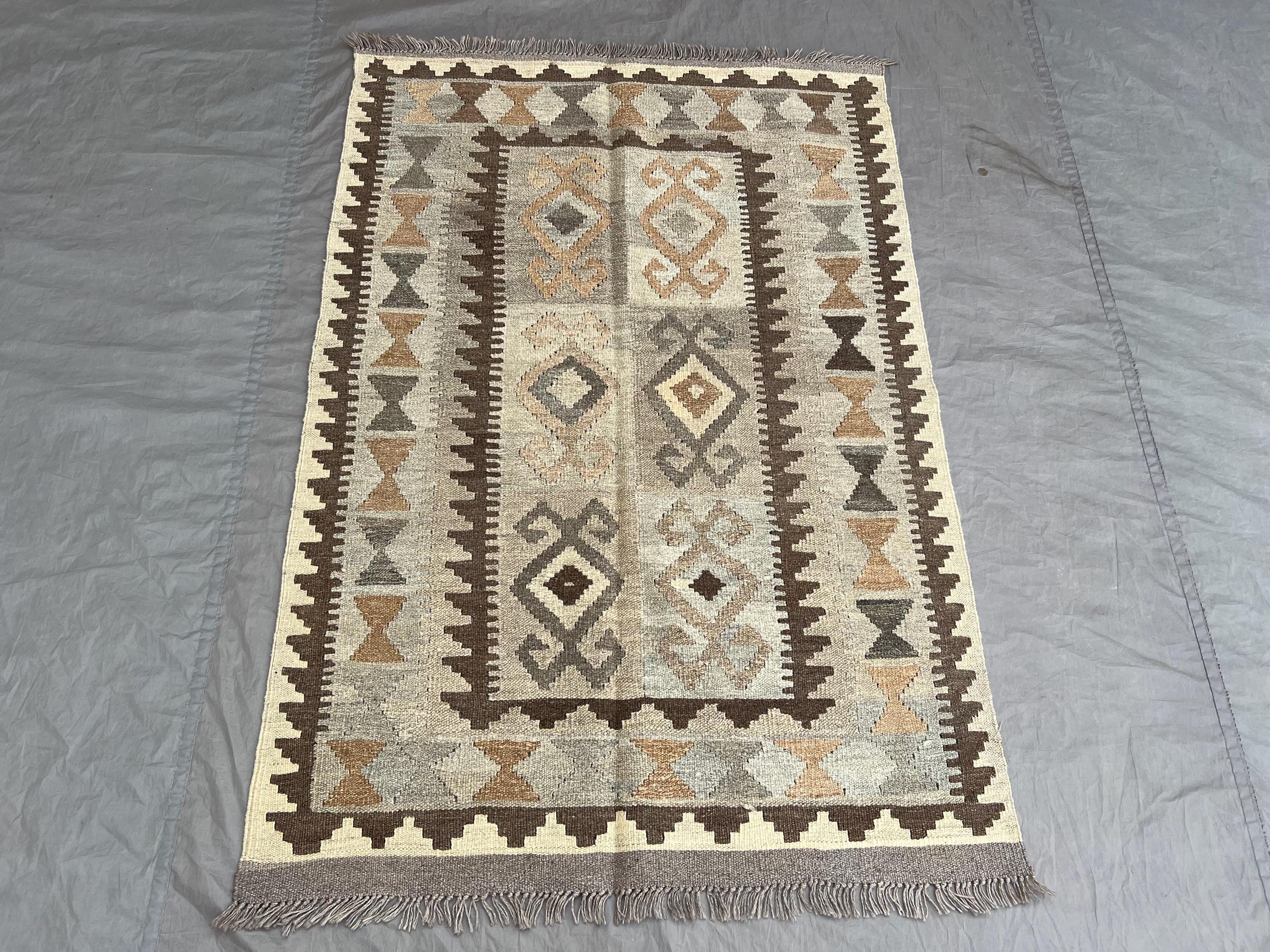 One-of-a-Kind 3 x 5 ft Afghan Hand-Woven Vintage Flat-Weave Kilim Faded Maimana Design Small Area Rug Tribal Wool Rug | Entryway decor