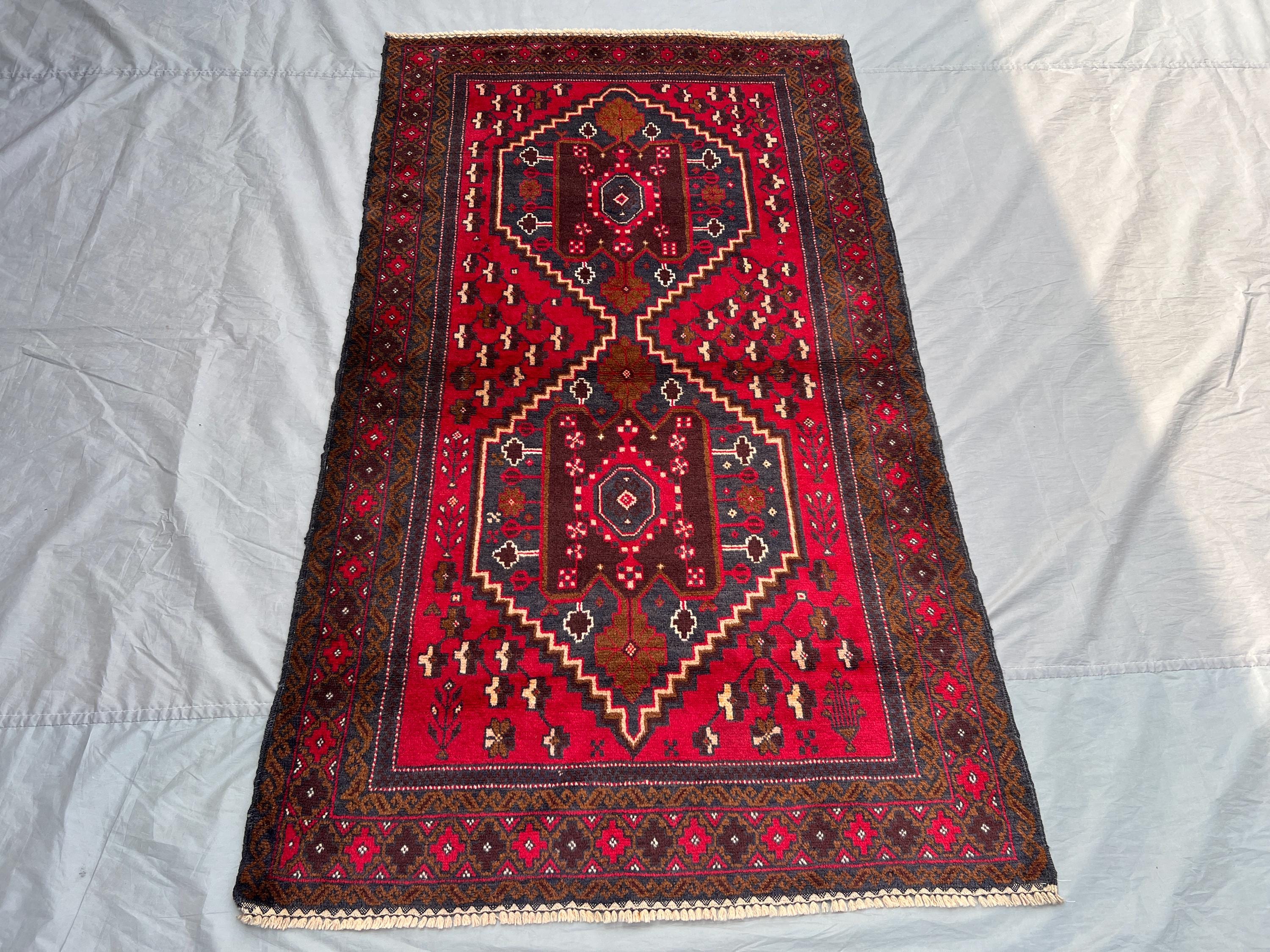 Vintage Red Brown Navy Afghan Baluchi Rug | 3x5 ft Hand Knotted Wool Tribal Geometric Carpet | Boho Bedroom Or