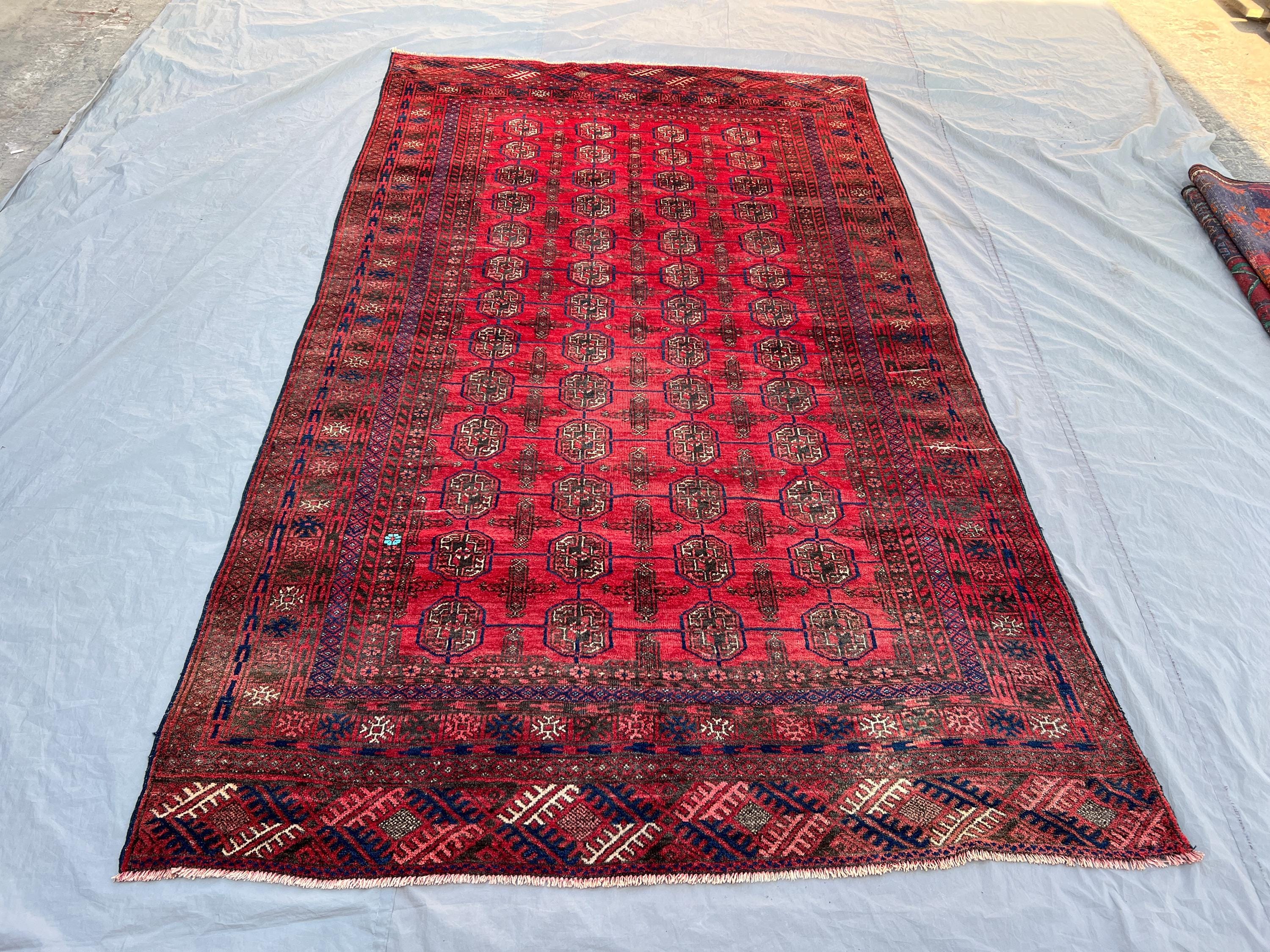 5'9x9'9 Vintage Afghan Hand Knotted Wool Rug | Deep Red Tribal All-Over Octagonal Gul Medallion Area Rug | Nomadic Bokhara Carpet